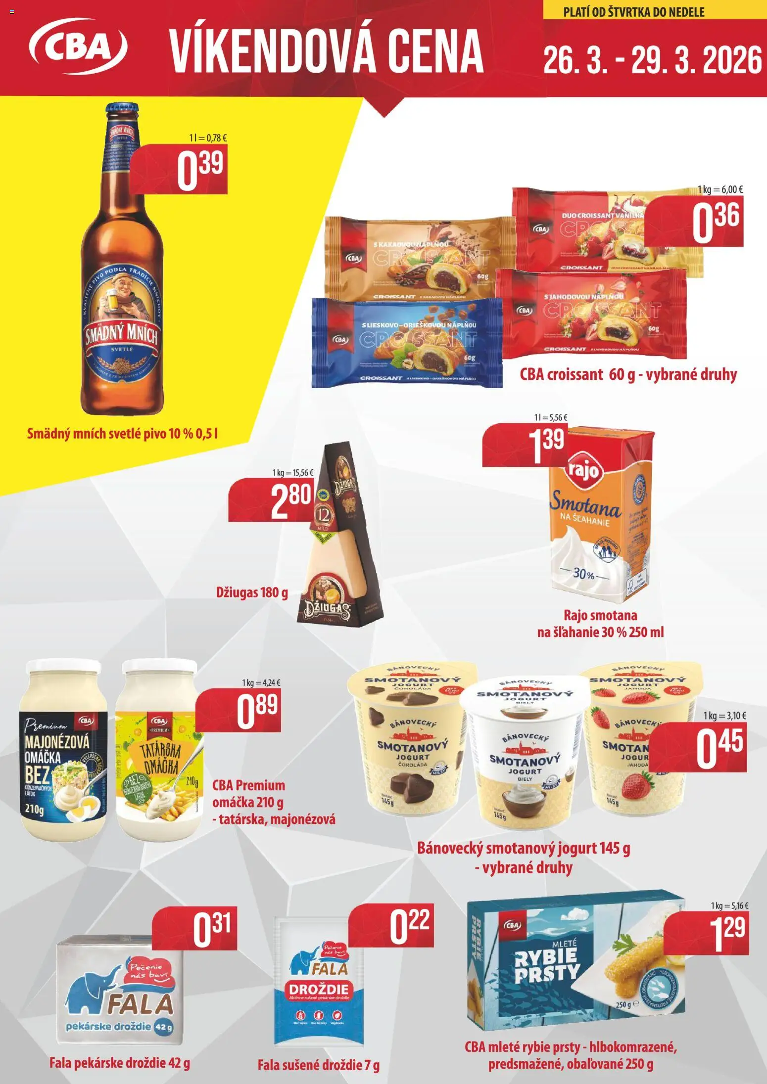 Nové CBA Verex akcie – leták je platný od 26.03.2026 | Strana: 1 | Produkty: Smotana, Čokoláda, Omáčka, Smotana na šľahanie