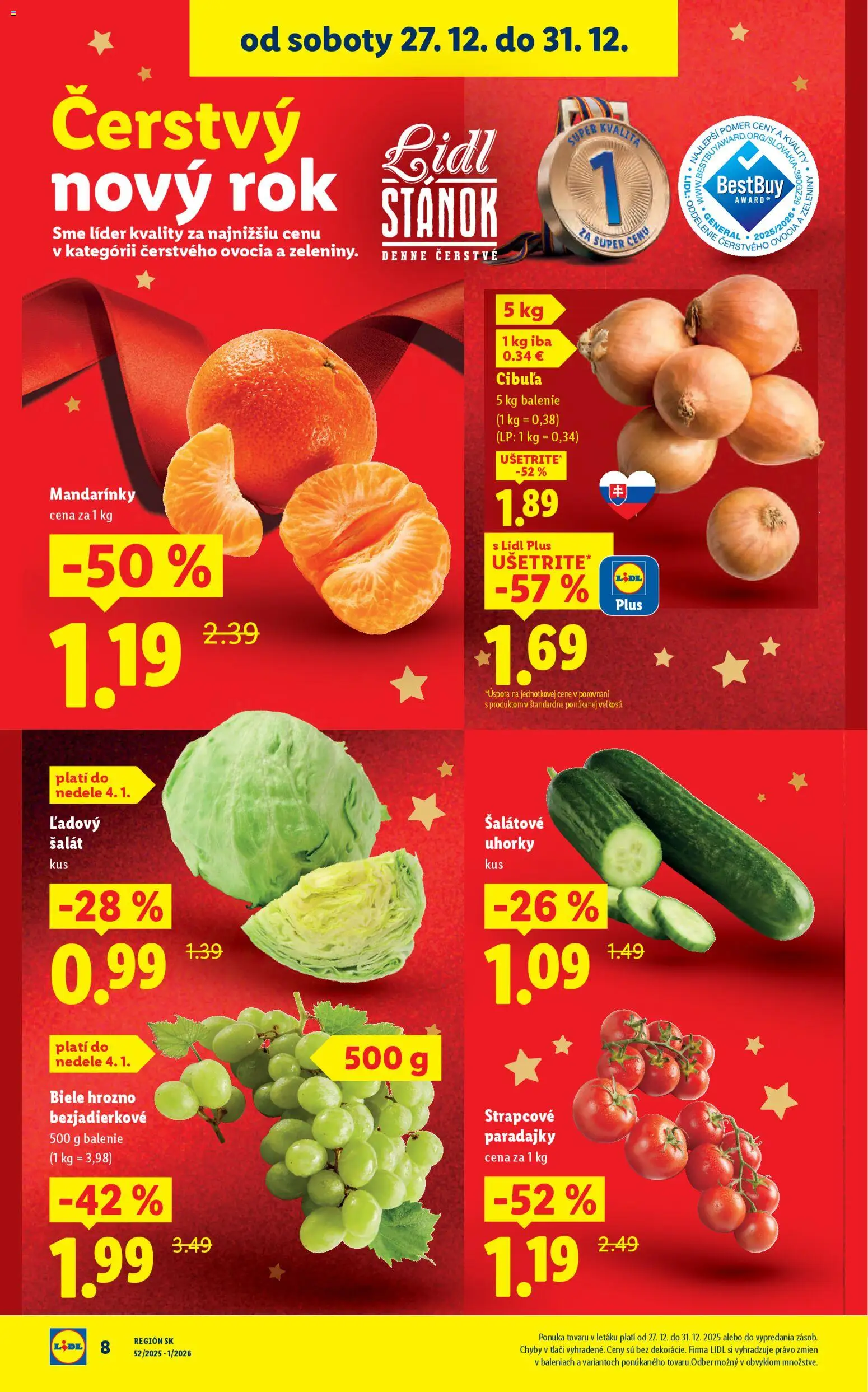 Nové Lidl akcie – leták je platný od 27.12.2025 | Strana: 10 | Produkty: Mandarinky, Šalát, Uhorky, Hrozno