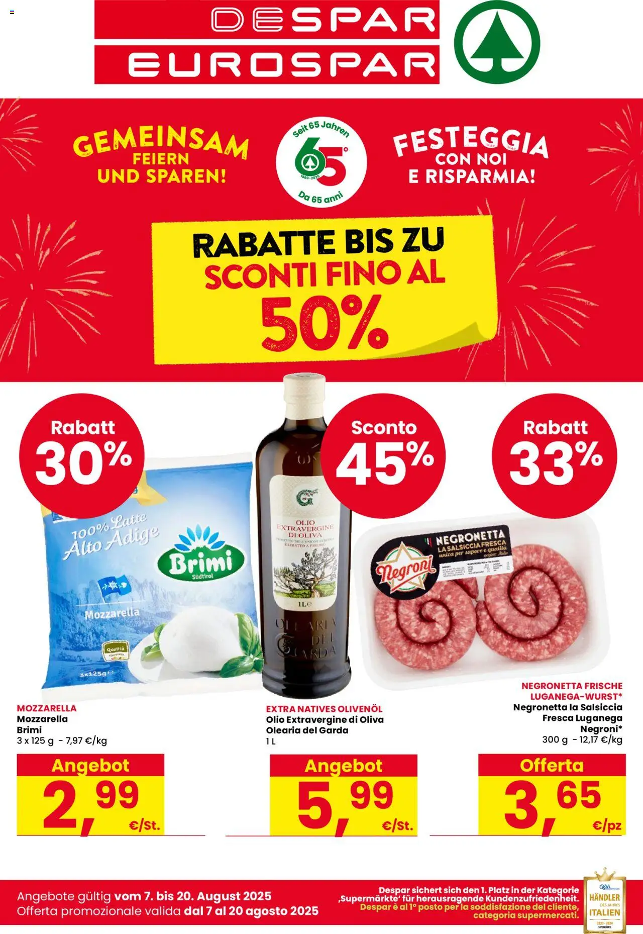 Volantino Despar del 07.08.2025 | Pagina: 1 | Prodotti: Mozzarella, Latte, Olio, Salsiccia