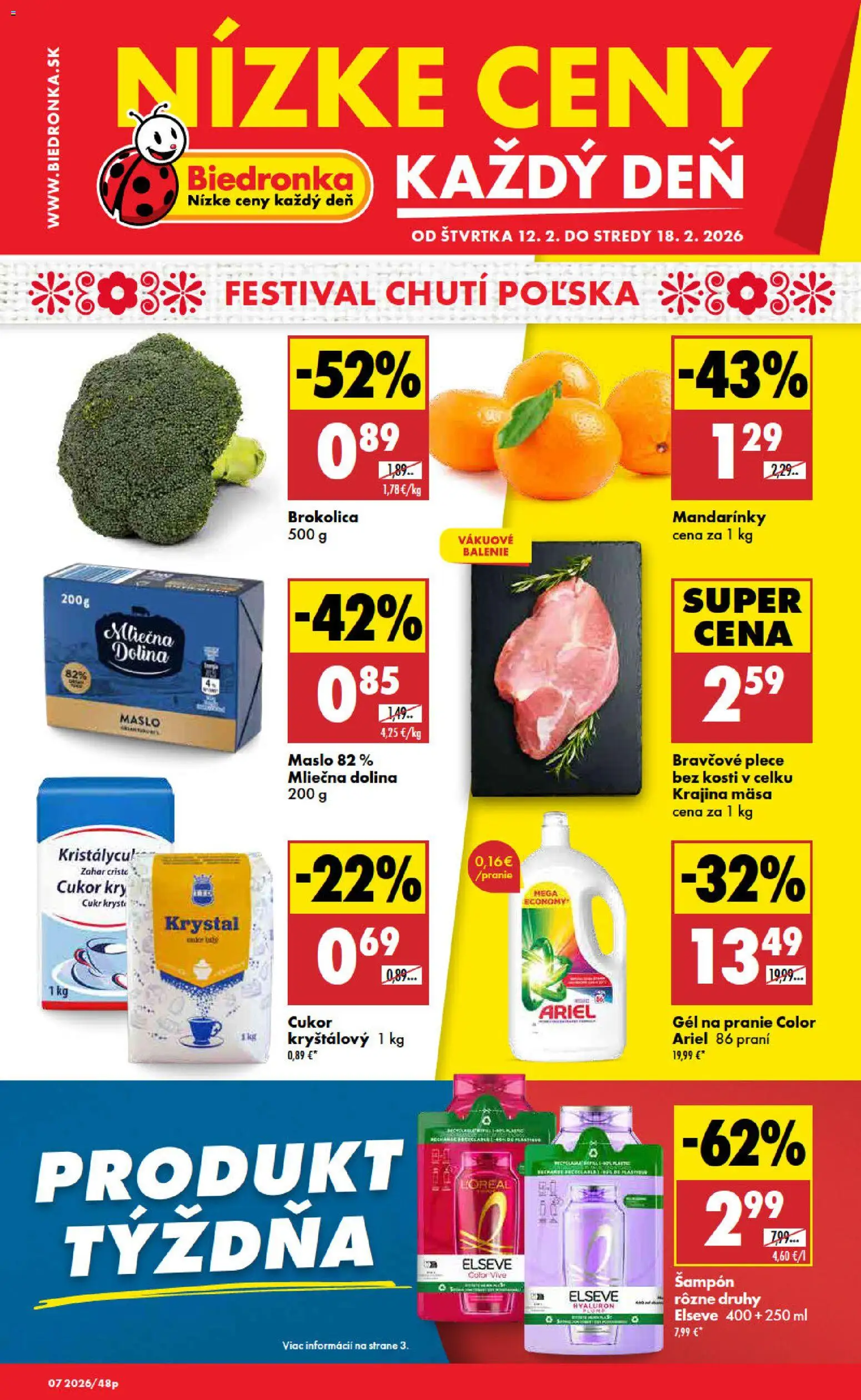 Nové Biedronka akcie – leták je platný od 12.02.2026 | Strana: 1 | Produkty: Maslo, Bravčové plece, Cukor, Mandarinky