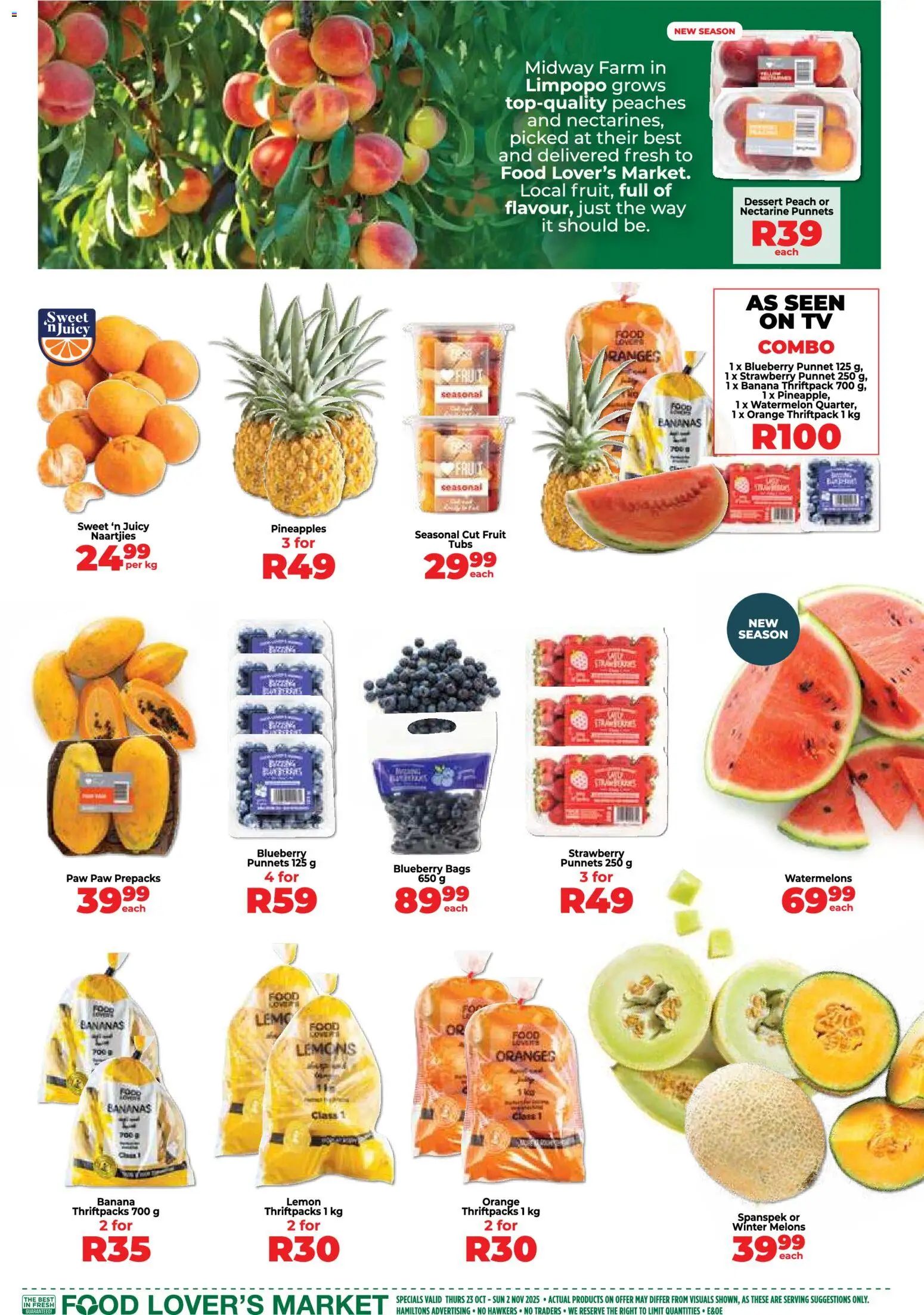 New Food Lover's Market catalogue – valid from 23.10.2025 | Page: 3 | Products: TV, Bananas, Peach, Watermelons