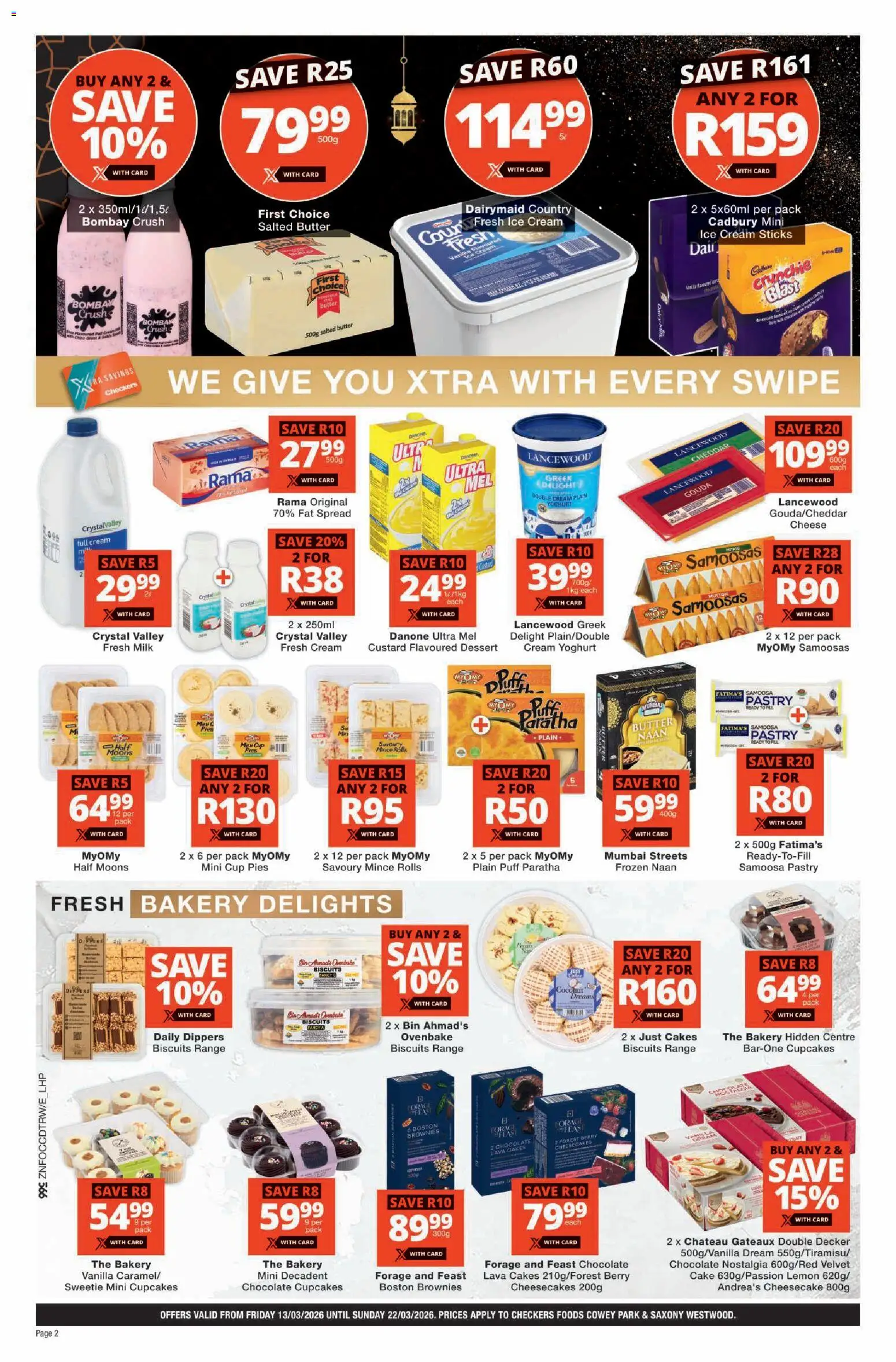 New Checkers catalogue – valid from 13.03.2026 | Page: 2 | Products: Cake, Pó talco, Milk, Cheese