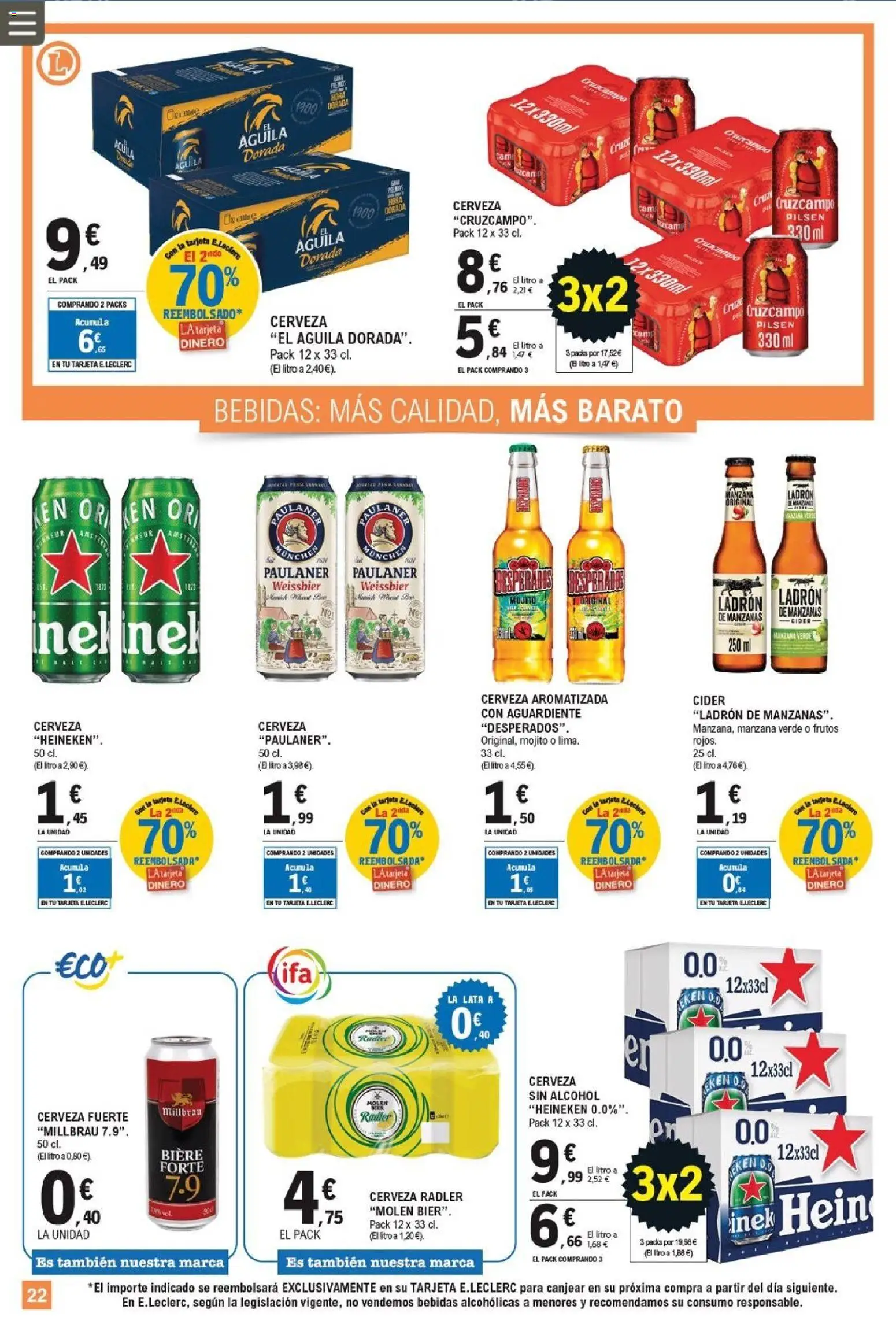 E.Leclerc folleto │ válido desde el 21.01.2026 | Página: 22 | Productos: Cerveza, Manzanas, Manzana, Σπανάκι