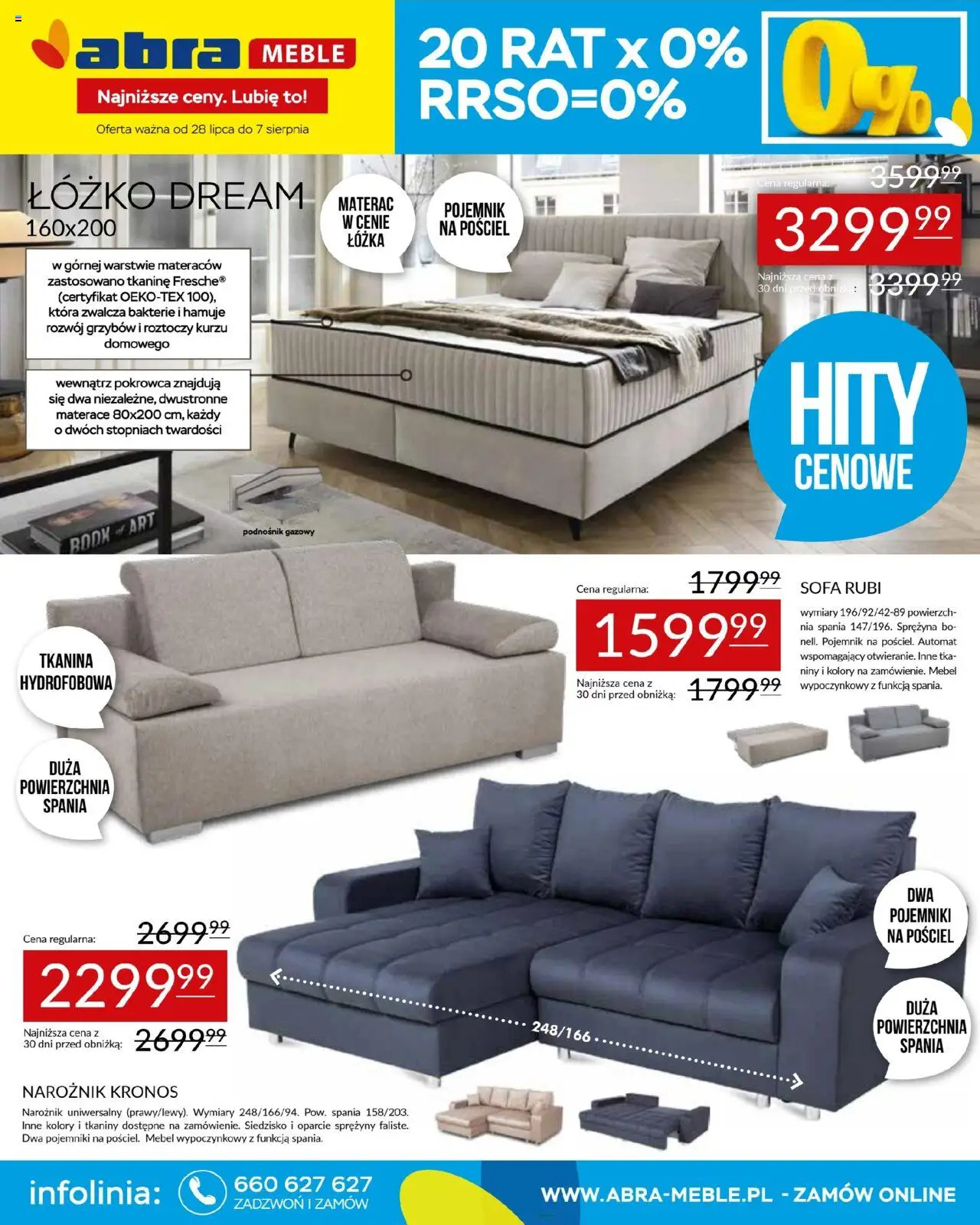 Abra meble Gazetka od 28.07.2025 | Strona: 1 | Produkty: Pościel, Łóżko, Materac, Sofa