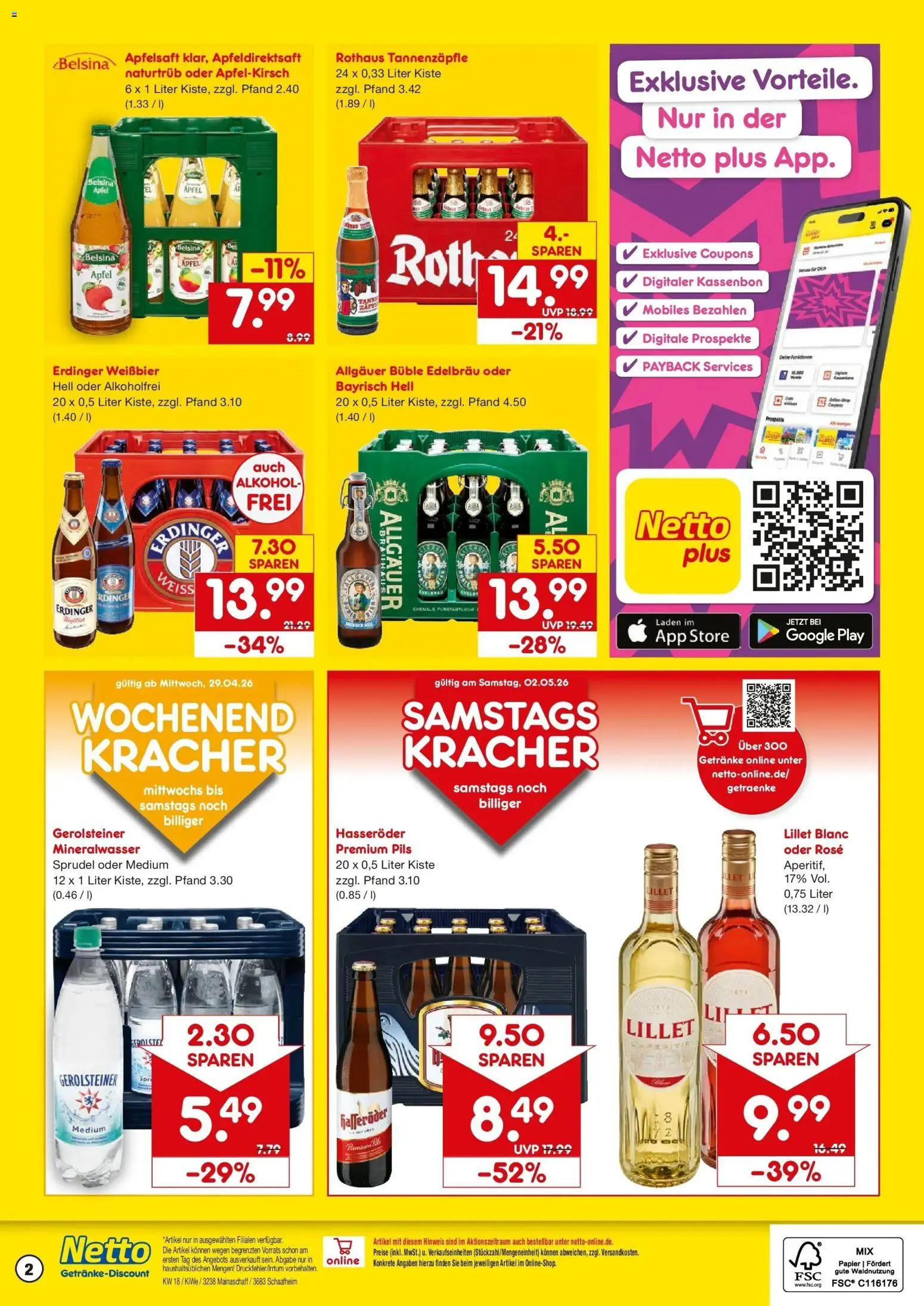 Netto Marken-Discount Prospekt Schaafheim	 – gültig ab 27.04.2026 | Seite: 2 | Produkte: Pils, Apfelsaft, Mineralwasser, Lillet