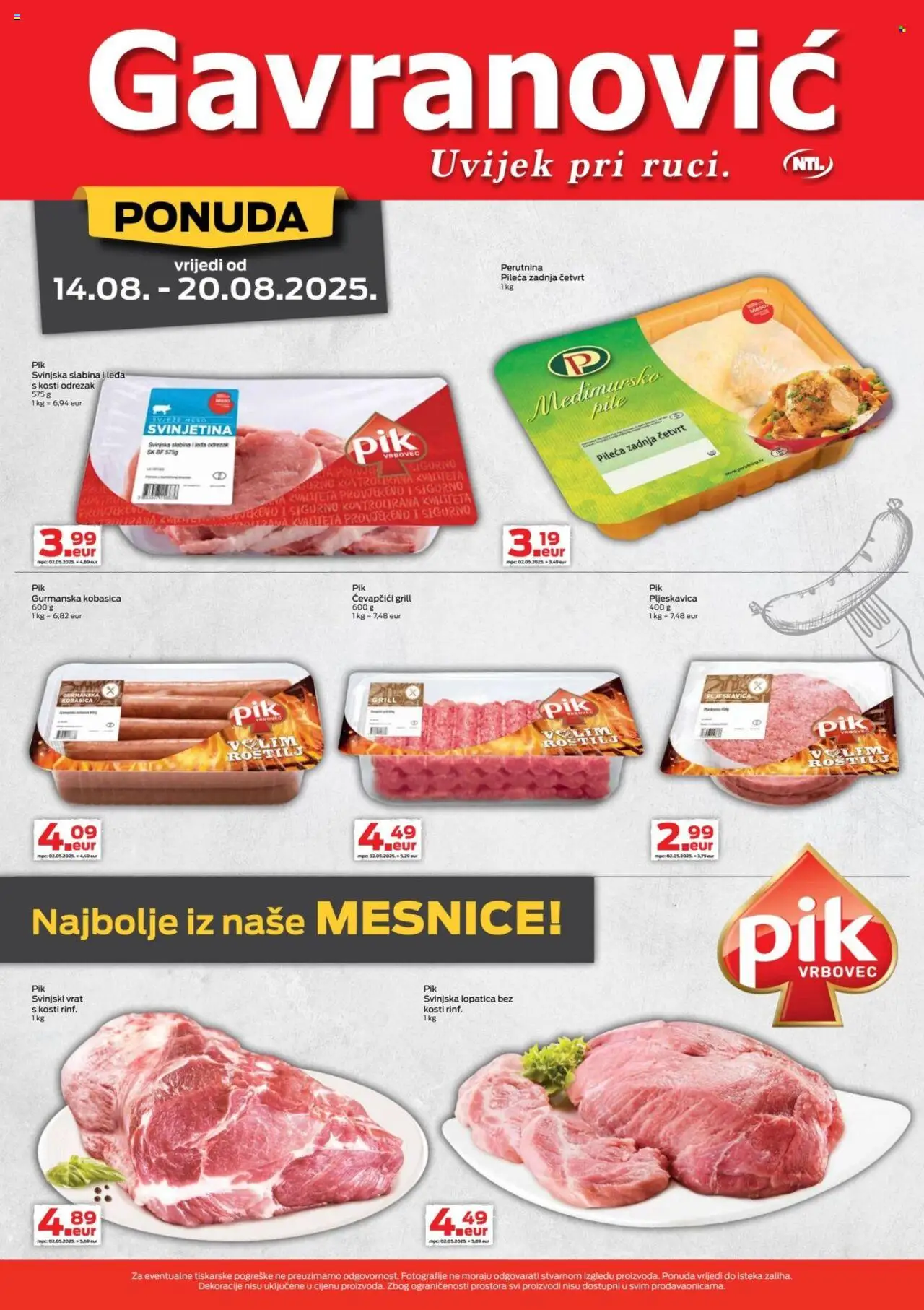 Gavranović katalog | vrijedi od 14.08.2025 | Stranica: 5 | Proizvodi: Svinjski vrat, Svinjska lopatica, Kobasica, Ćevapčići