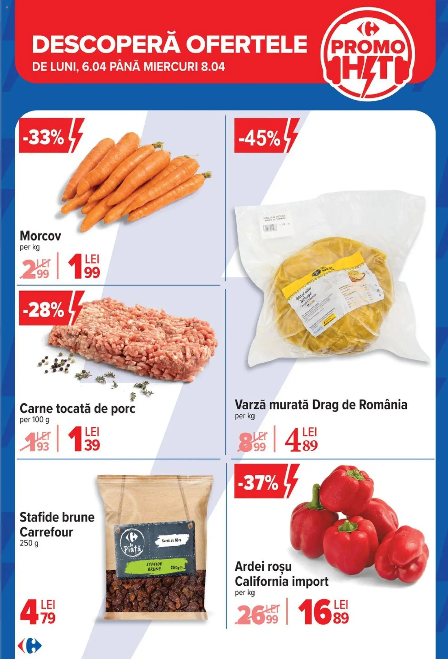 Noul catalog Carrefour – valabil de la 06.04.2026 | Pagină: 6 | Produse: Varză, Ardei, Carne tocată, Stafide
