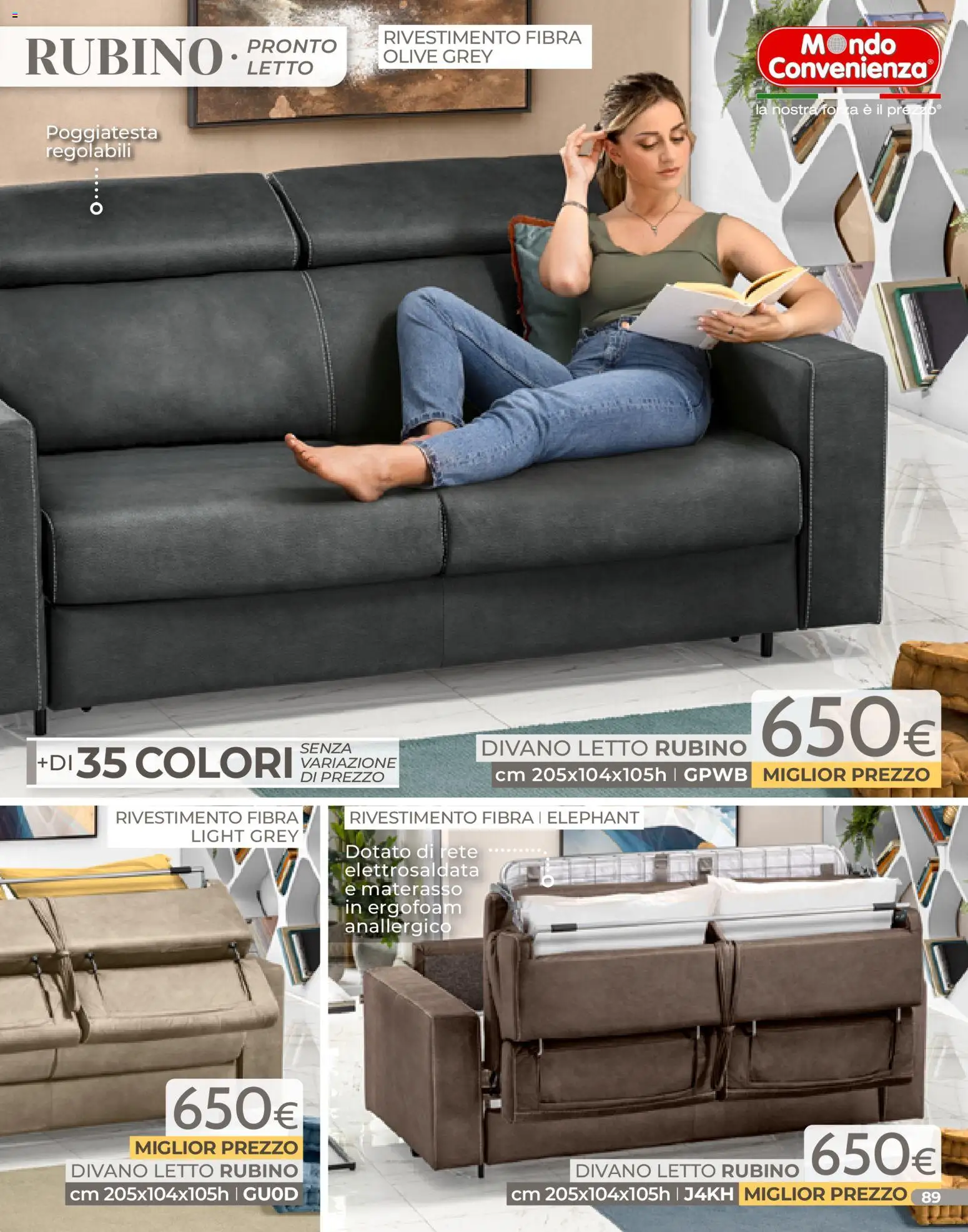 Volantino Mondo Convenienza del 04.01.2026 | Pagina: 89 | Prodotti: Divano letto, Olive, Letto, Divano