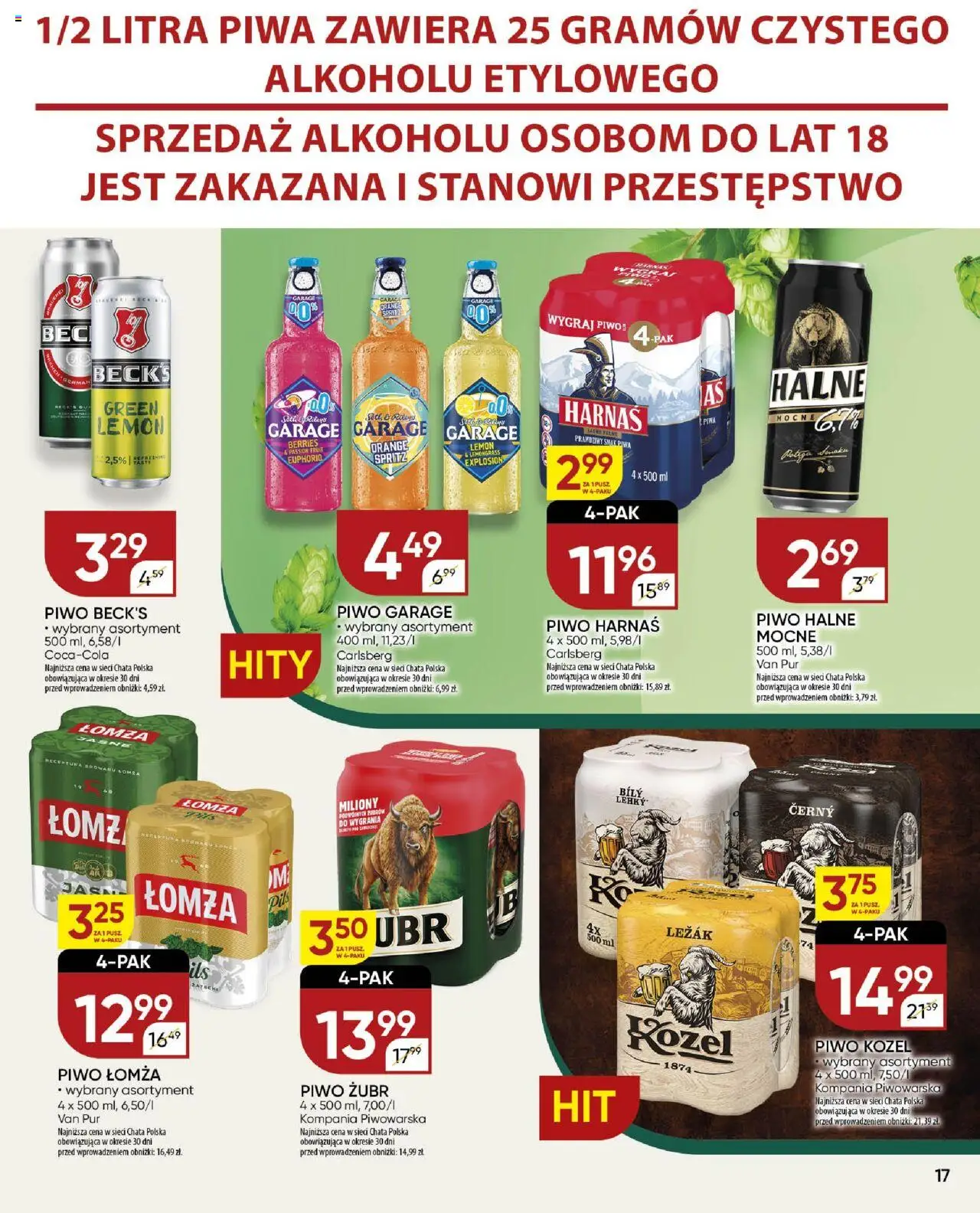 Chata Polska Gazetka od 11.09.2025 | Strona: 17 | Produkty: Piwo żubr, Leżak, Harnaś, Piwo