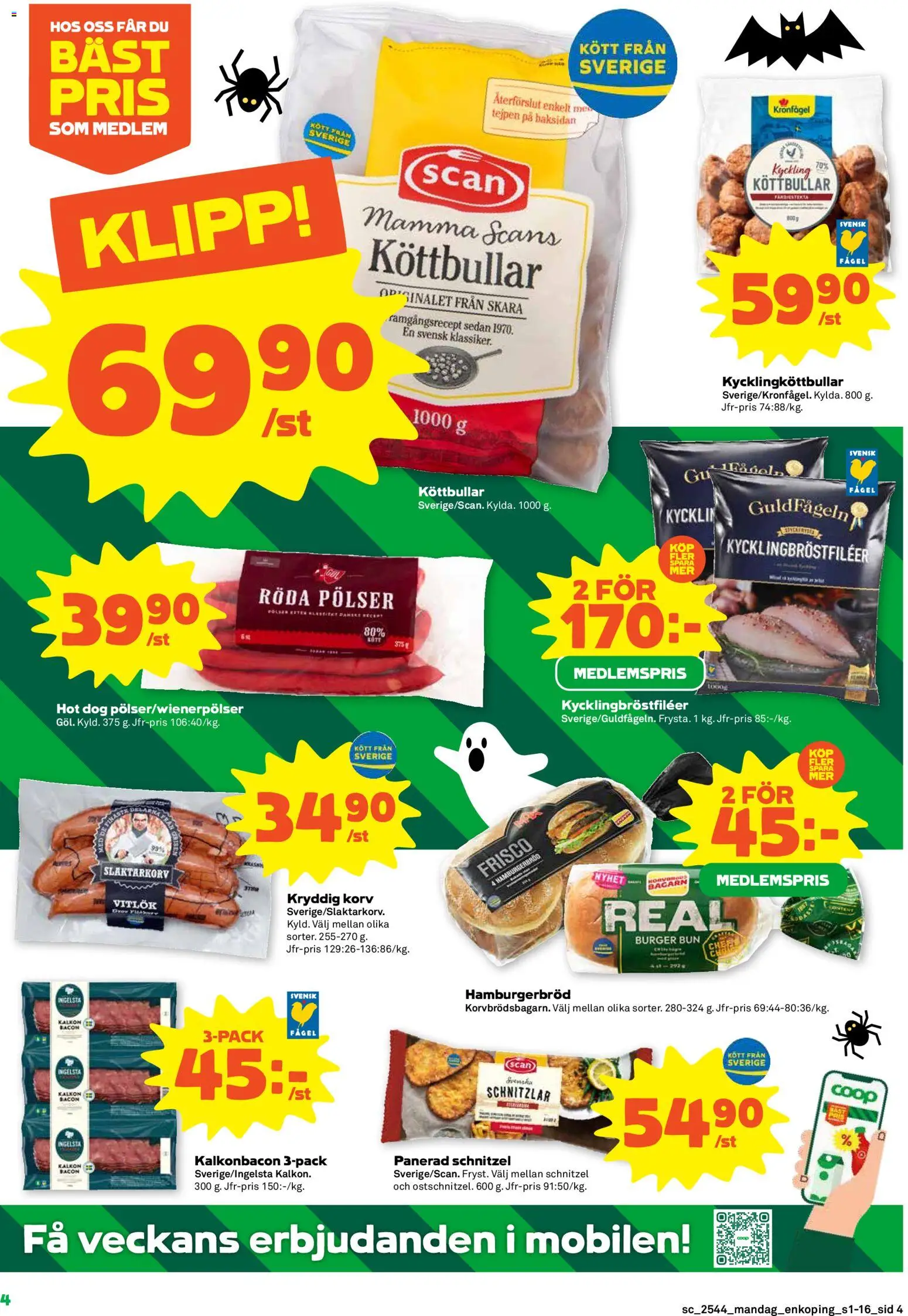 Stora Coop reklamblad aktuell från 27.10.2025 | Sida: 4 | Produkter: Köttbullar, Bacon, Hamburgerbröd, Vitlök