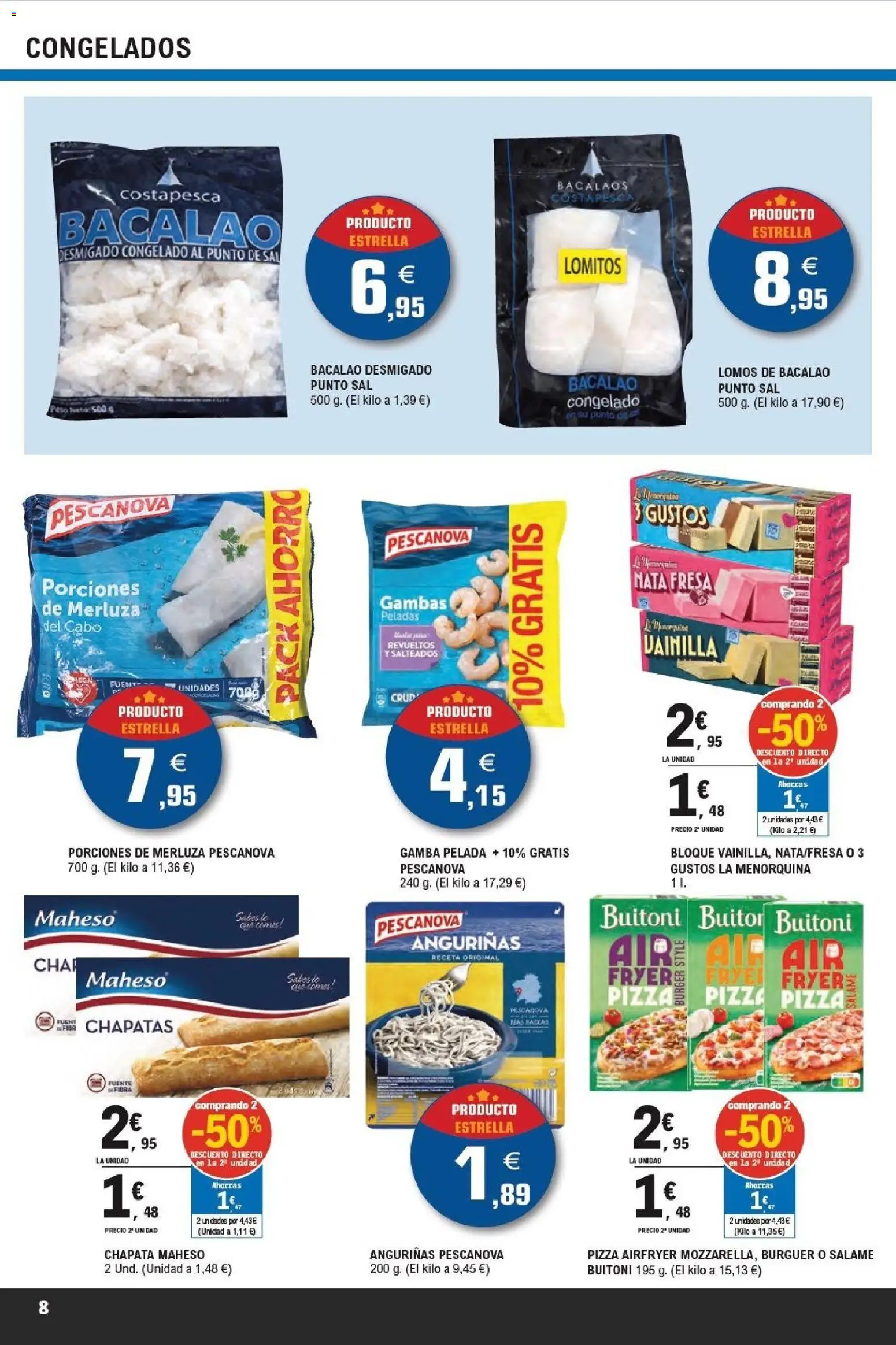 E.Leclerc Productos Estrella │ válido desde el 15.04.2026 | Página: 8 | Productos: Salame, Pizza, Peso, Gamba