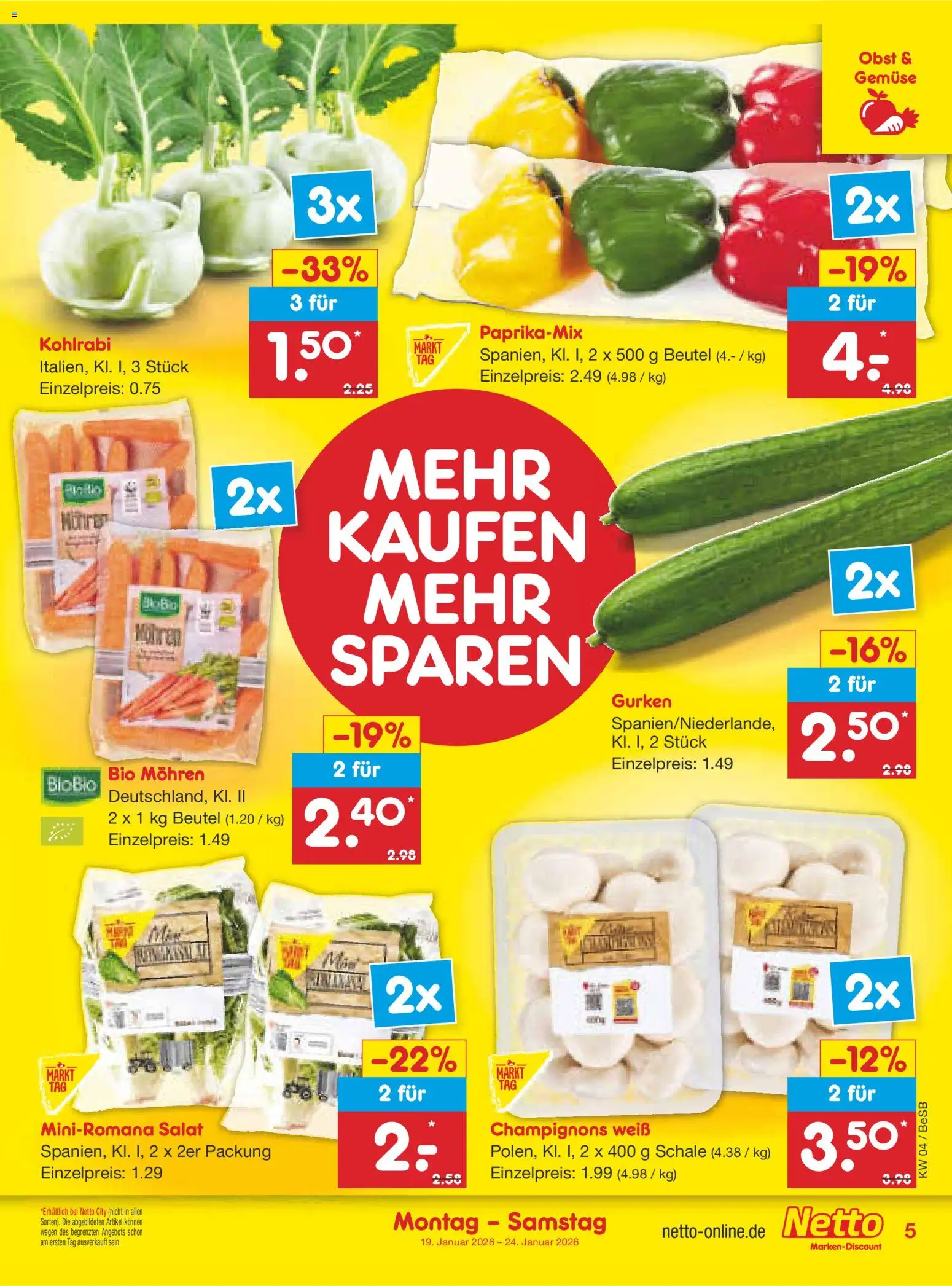 Netto Marken-Discount Prospekt 	 – gültig ab 19.01.2026 | Seite: 5 | Produkte: Kohlrabi, Mohren, Obst, Gurken