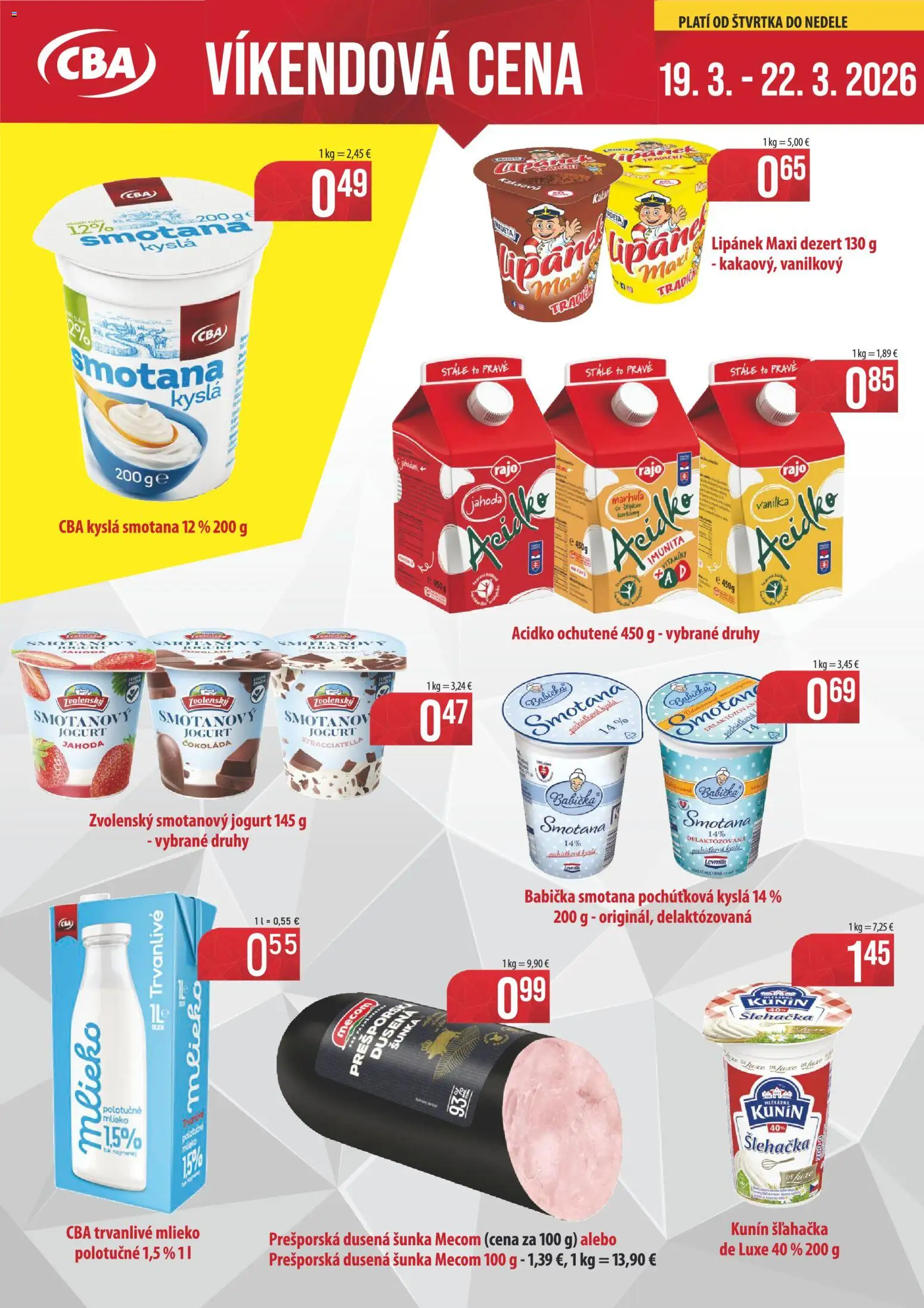 Nové CBA Verex akcie – leták je platný od 19.03.2026 | Strana: 1 | Produkty: Mlieko, Jogurt, Čokoláda, Acidko
