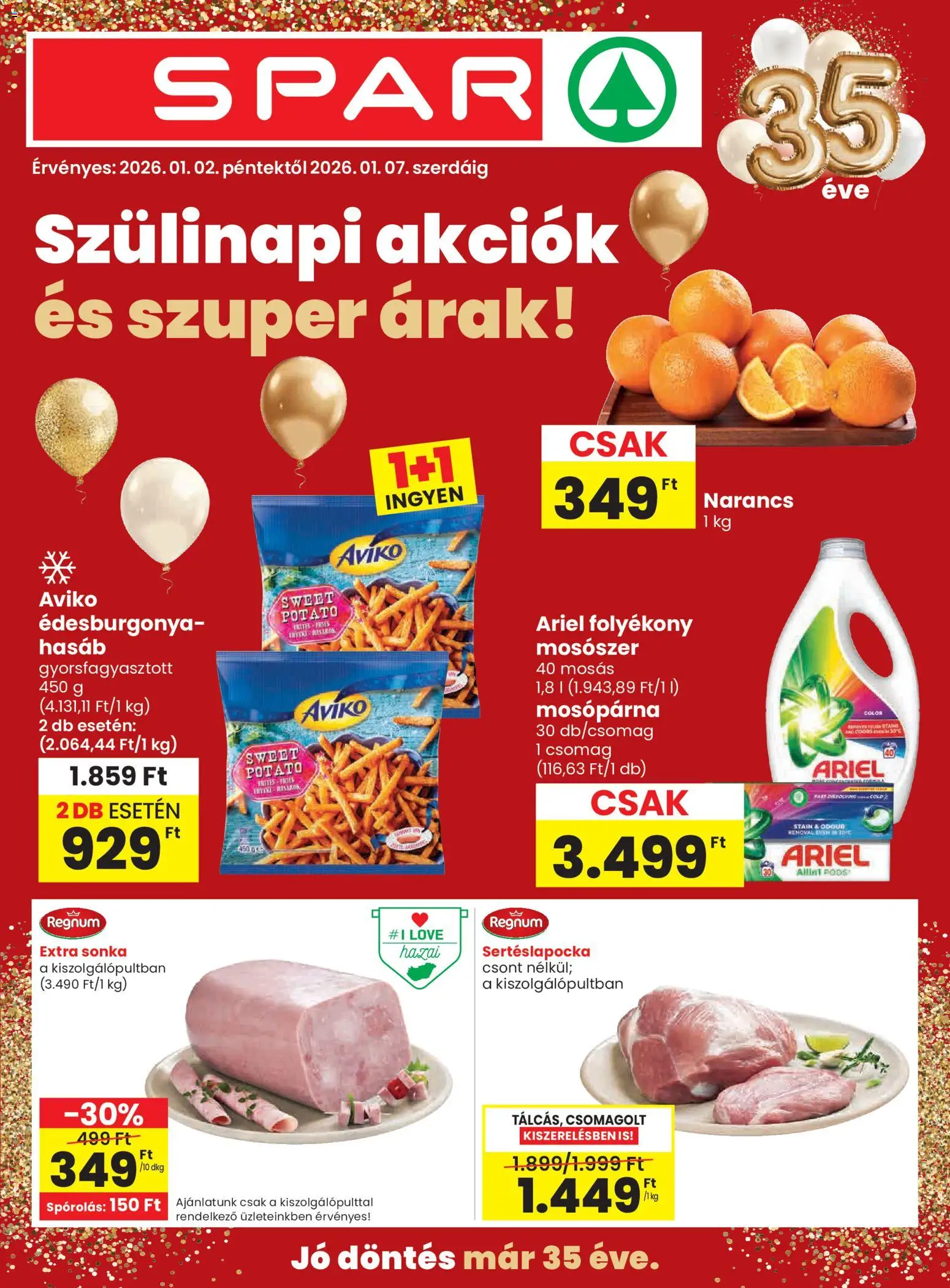 Spar akciós ujság - amely érvényes a következő dátumtól: 02.01.2026 | Oldal: 1 | Termékek: Ariel, Sertéslapocka, Narancs, Mosószer
