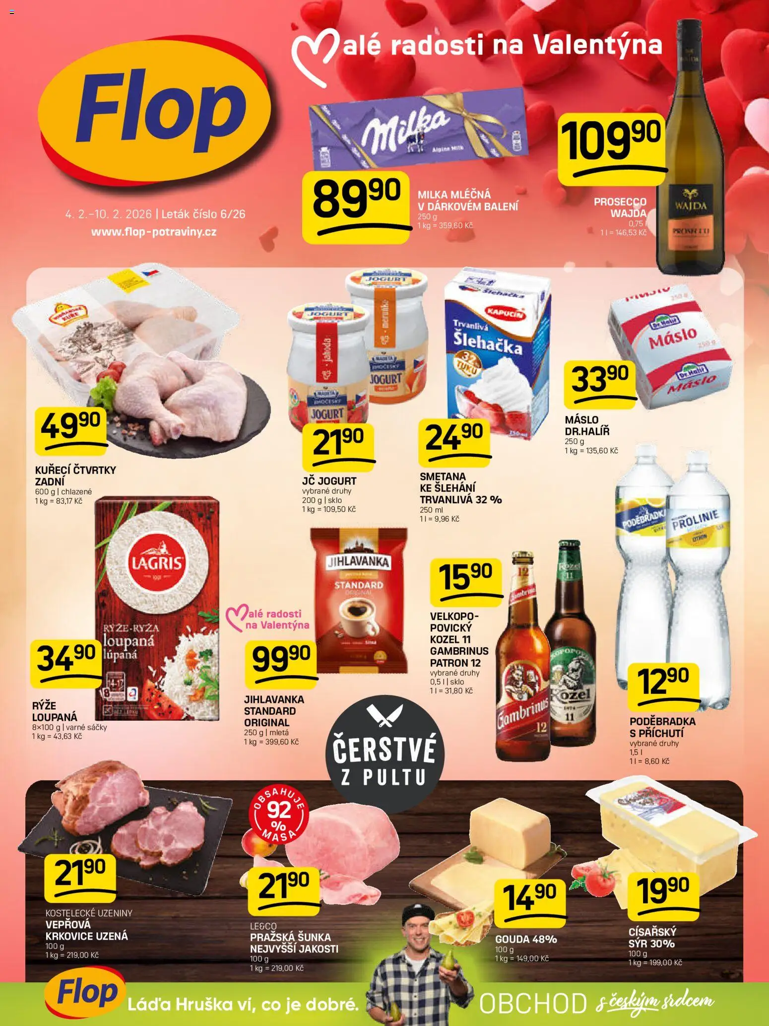 Flop leták od 04.02.2026 | Strana: 1 | Produkty: Jogurt, Kuřecí čtvrtky, Pražská šunka, Kozel