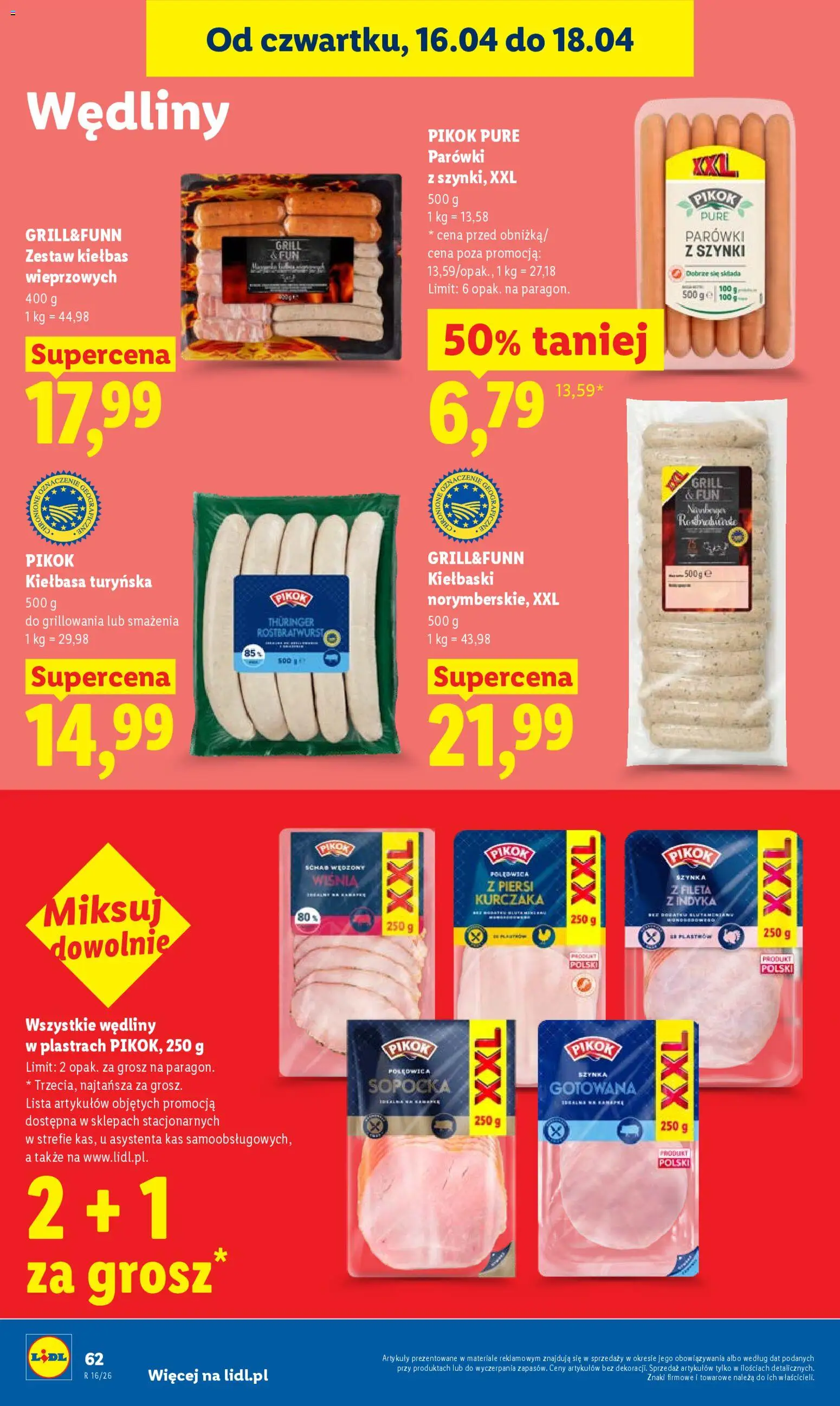 Lidl gazetka od 16.04.2026 | Strona: 62 | Produkty: Kiełbasa, Schab, Kiełbaski, Szynka