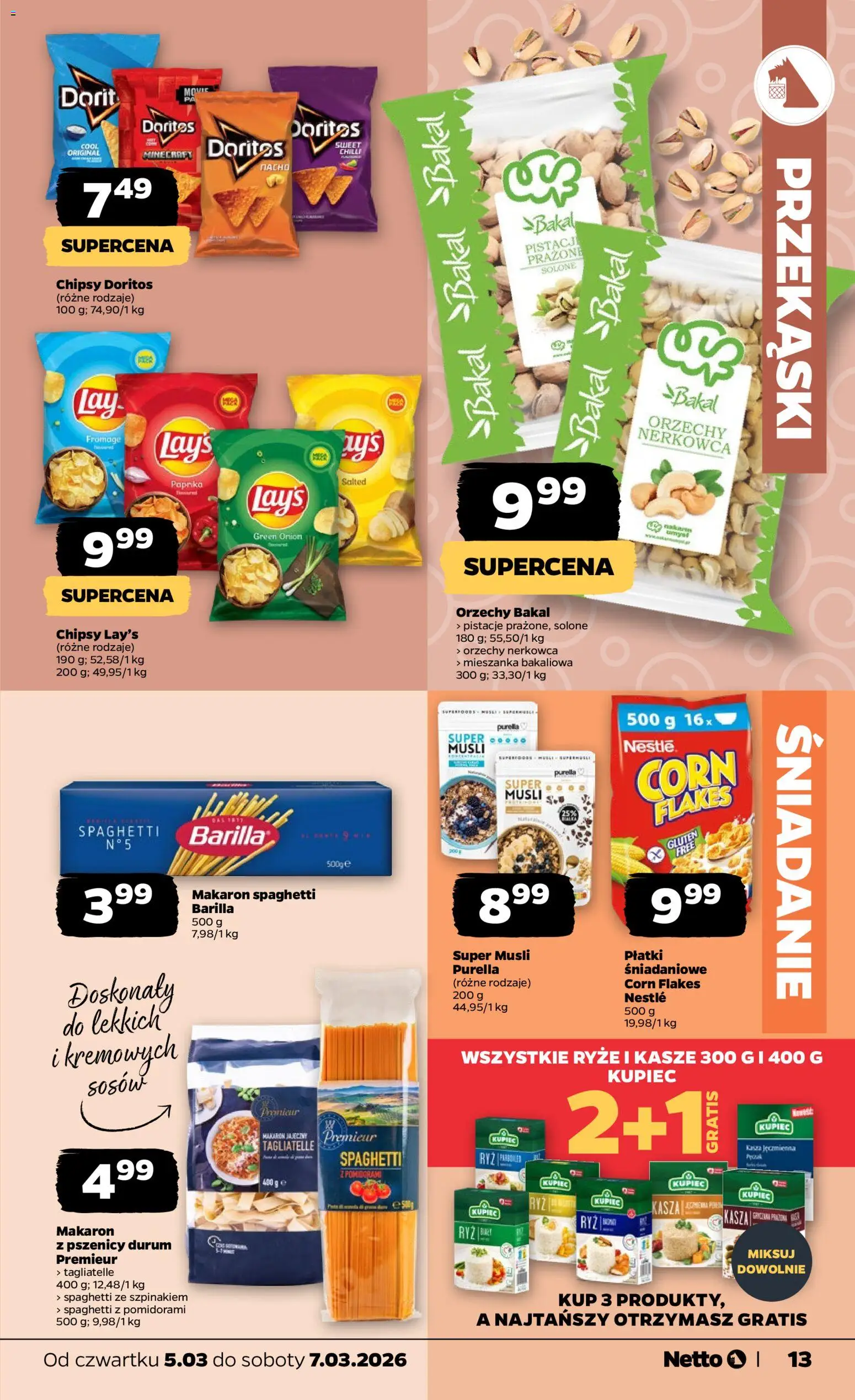 Netto gazetka od czwartku spożywcza od 05.03.2026 | Strona: 13 | Produkty: Kasza, Makaron spaghetti, Ryż, Corn Flakes