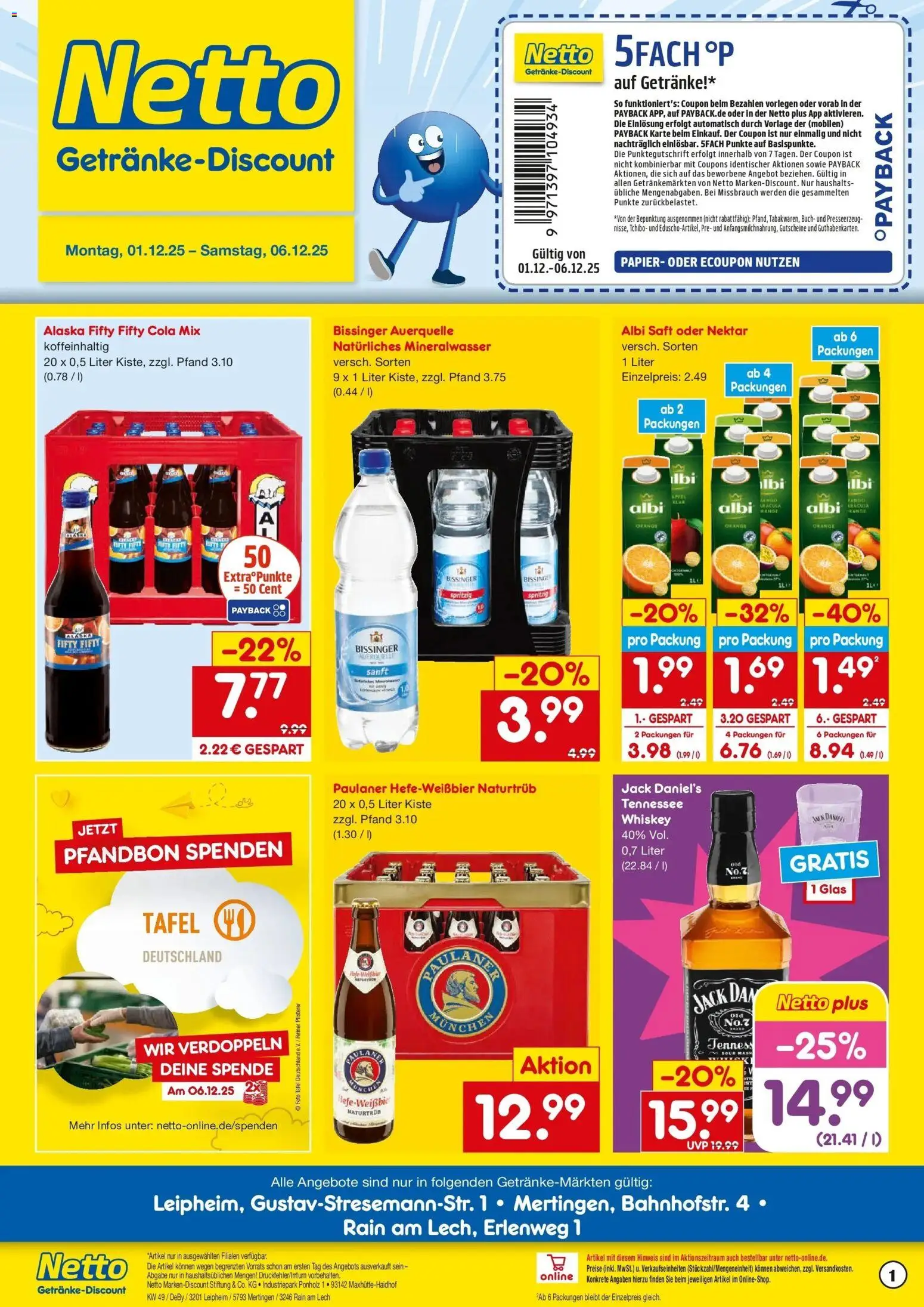 Netto Marken-Discount prospekt Mertingen	 – gültig ab 01.12.2025 | Seite: 1 | Produkte: Cola, Jack Daniel's, Whiskey, Paulaner