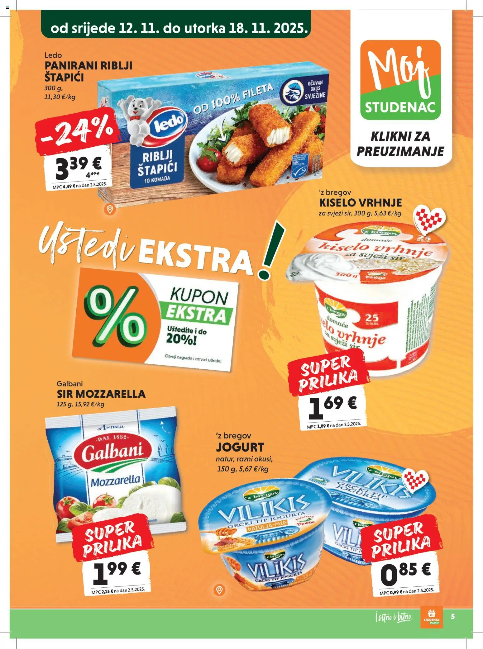 Studenac katalog | vrijedi od 12.11.2025 | Stranica: 5 | Proizvodi: Riblji štapići, Mozzarella, Ledo, Štapići