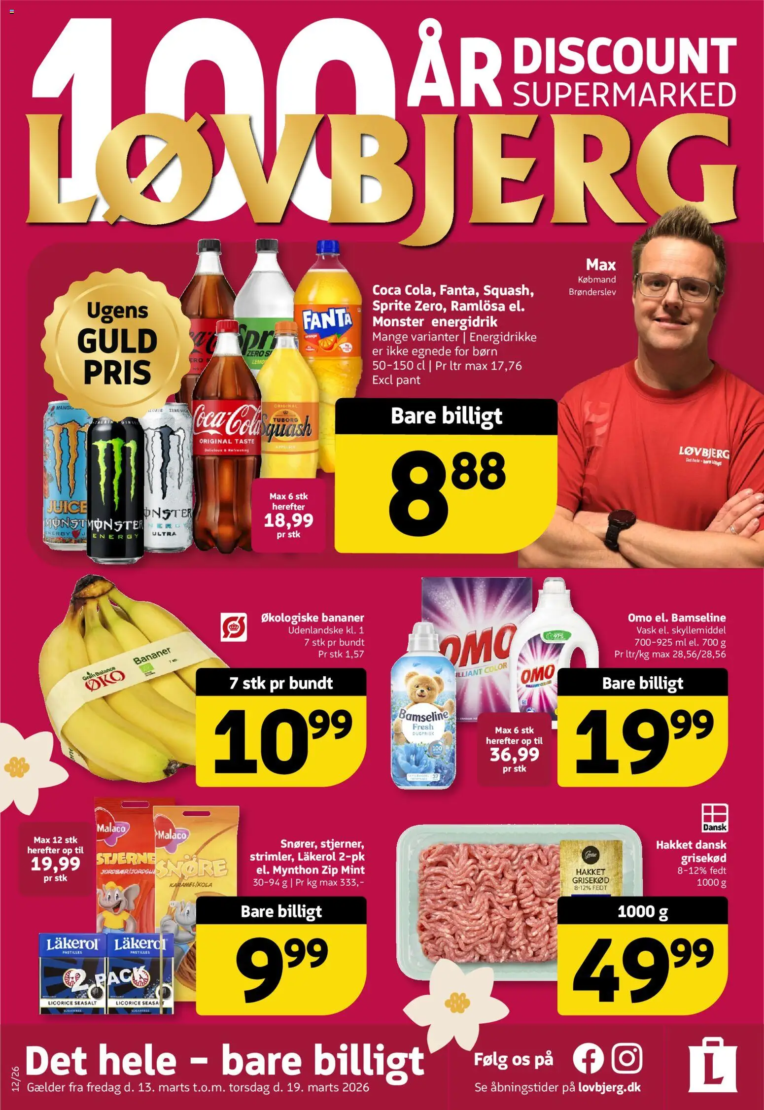 Løvbjerg tilbudsavis – gyldig fra 13.03.2026 | Side: 1 | Produkter: Bananer, Skyllemiddel, Fanta, Energidrikke