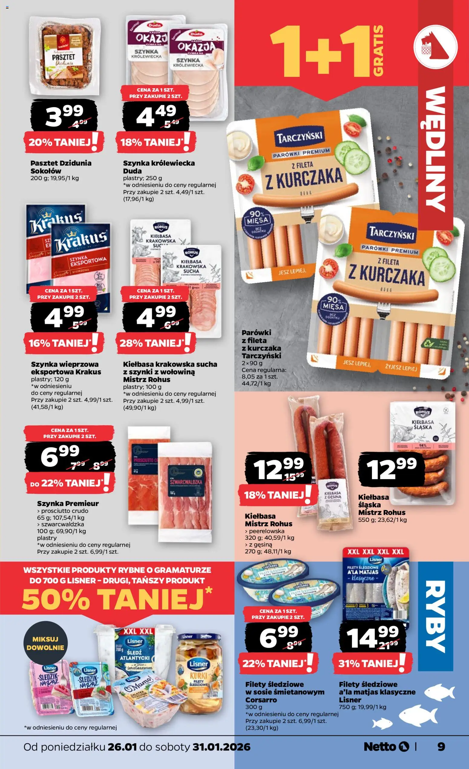 Netto gazetka - Spożywcza od 26.01.2026 | Strona: 9 | Produkty: Szynka wieprzowa, Parówki, Filety śledziowe a'la matjas, Prosciutto