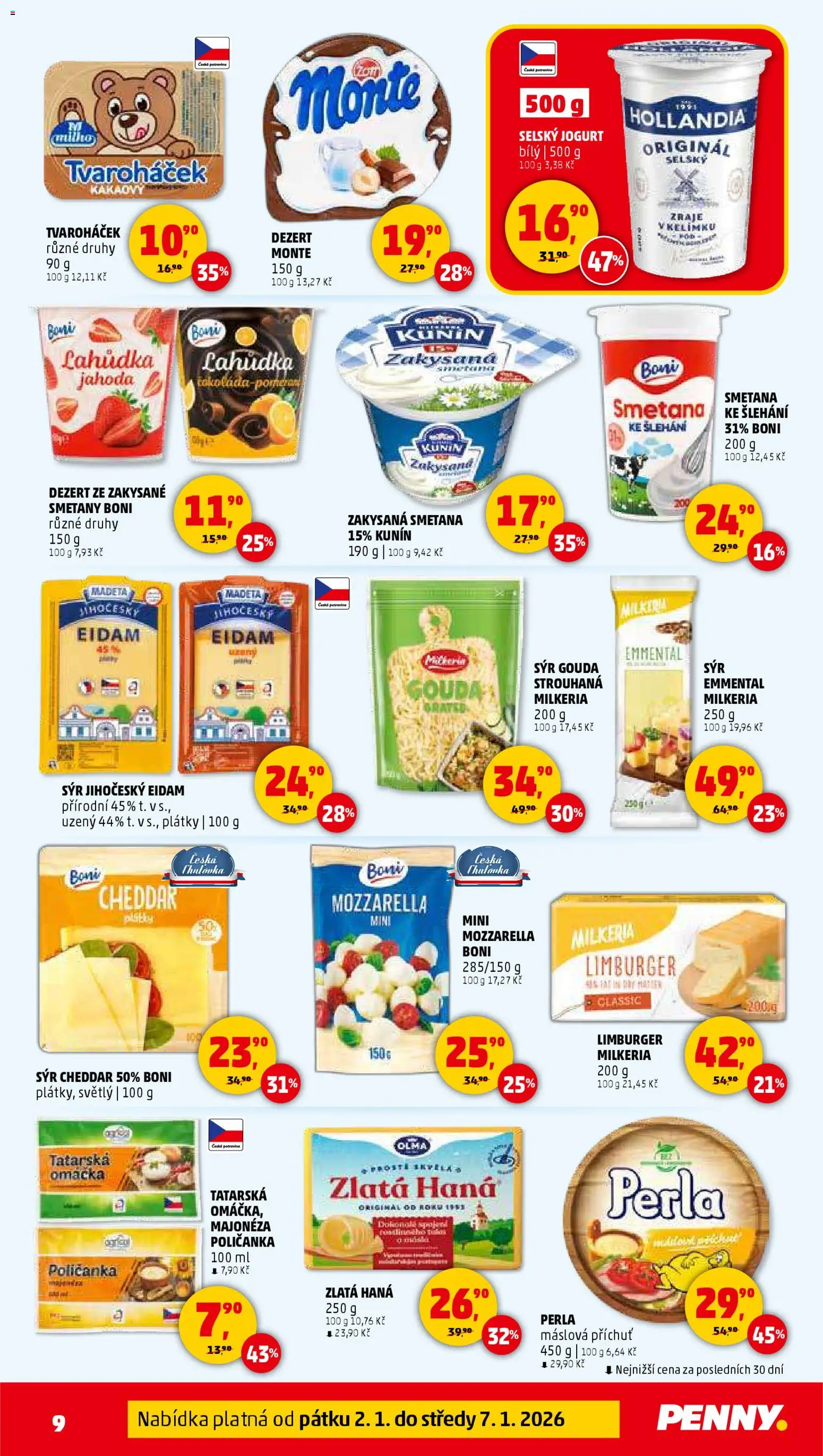 Penny Market leták - Čtvrtečník od 02.01.2026 | Strana: 9 | Produkty: Zlatá Hana, Perla máslová, Hollandia, Zakysaná smetana