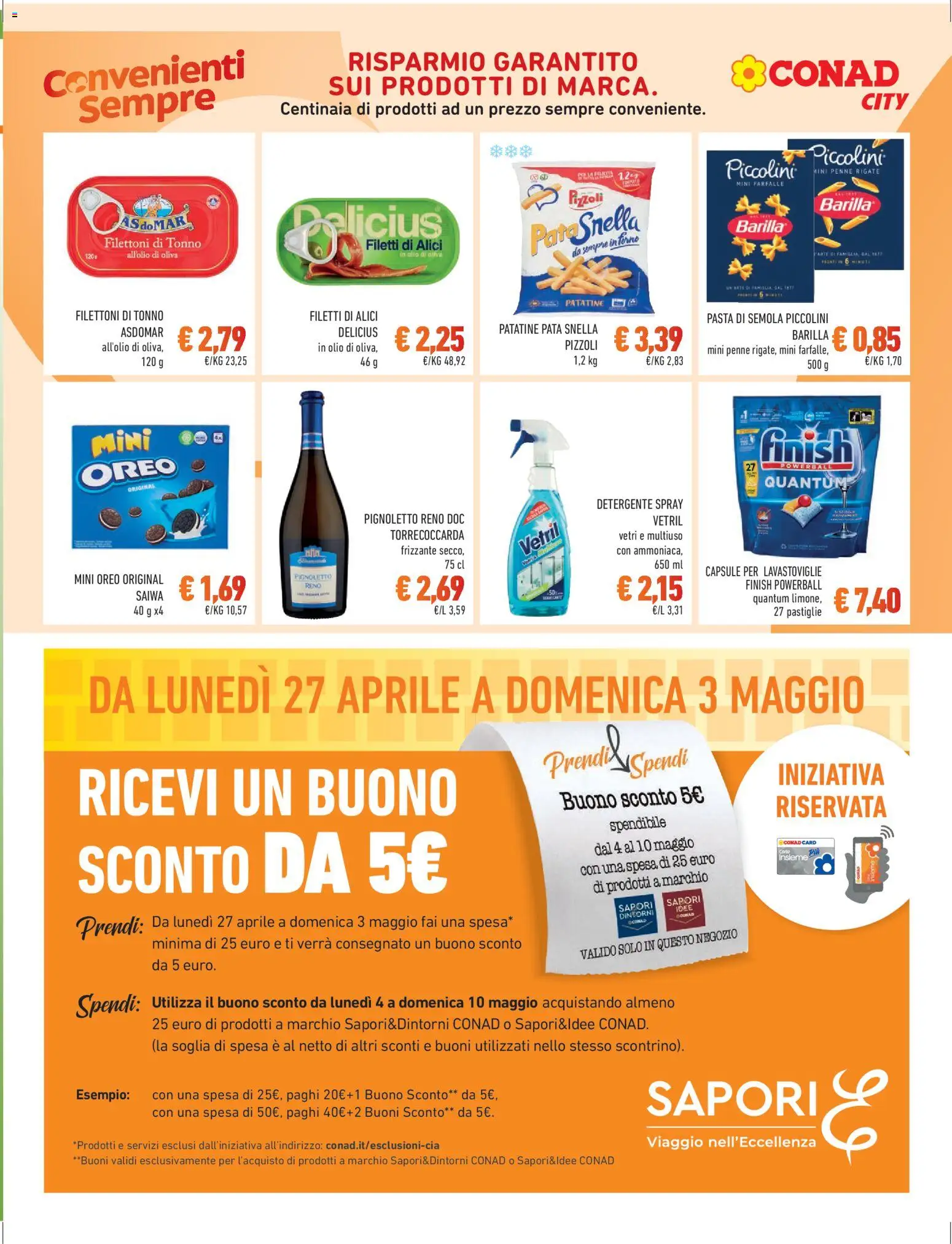 Volantino Conad del 24.04.2026 | Pagina: 5 | Prodotti: Capsule per lavastoviglie, Pasta, Tonno, Alici