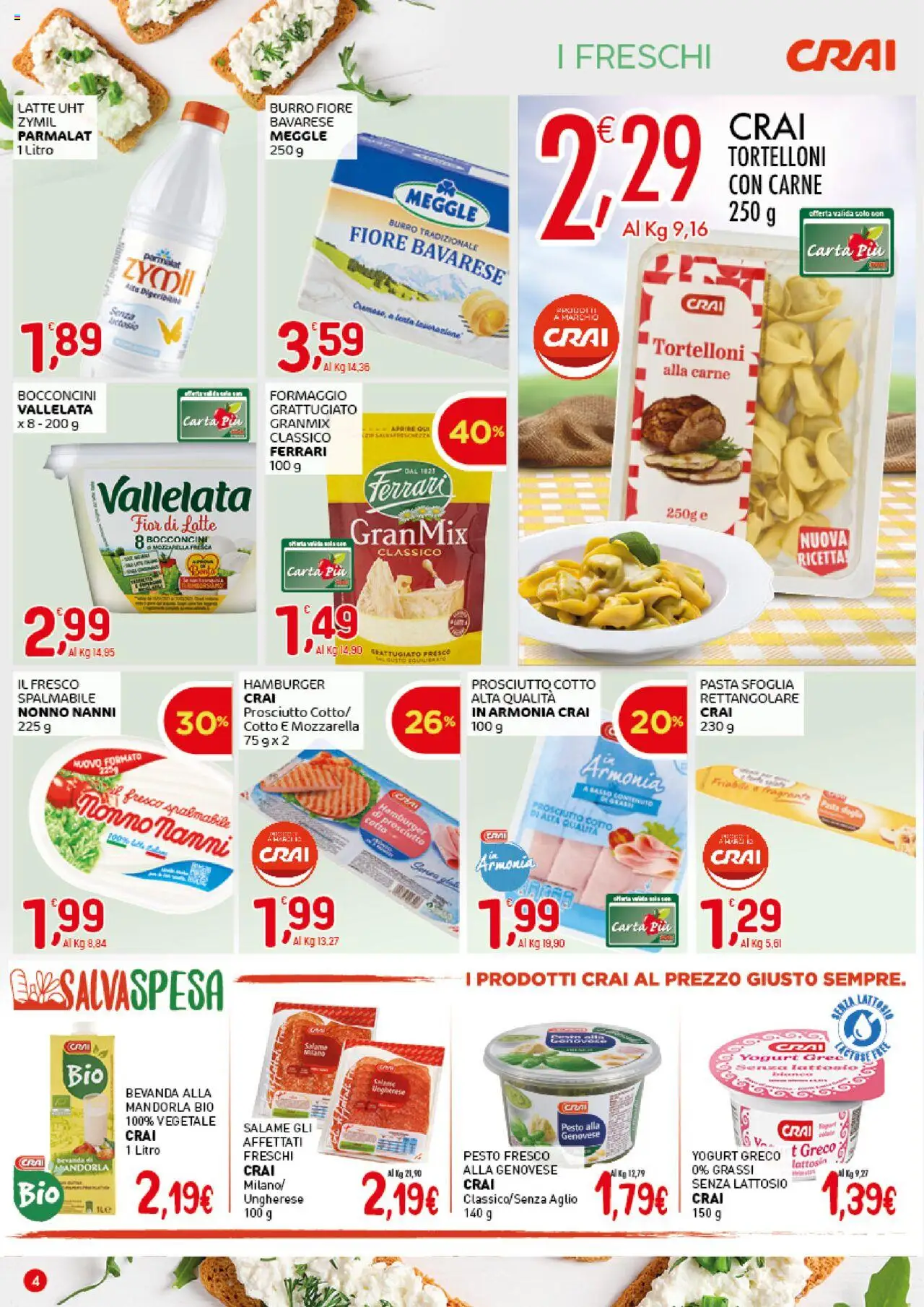 Volantino CRAI del 18.09.2025 | Pagina: 4 | Prodotti: Formaggio, Pasta, Pesto, Hamburger