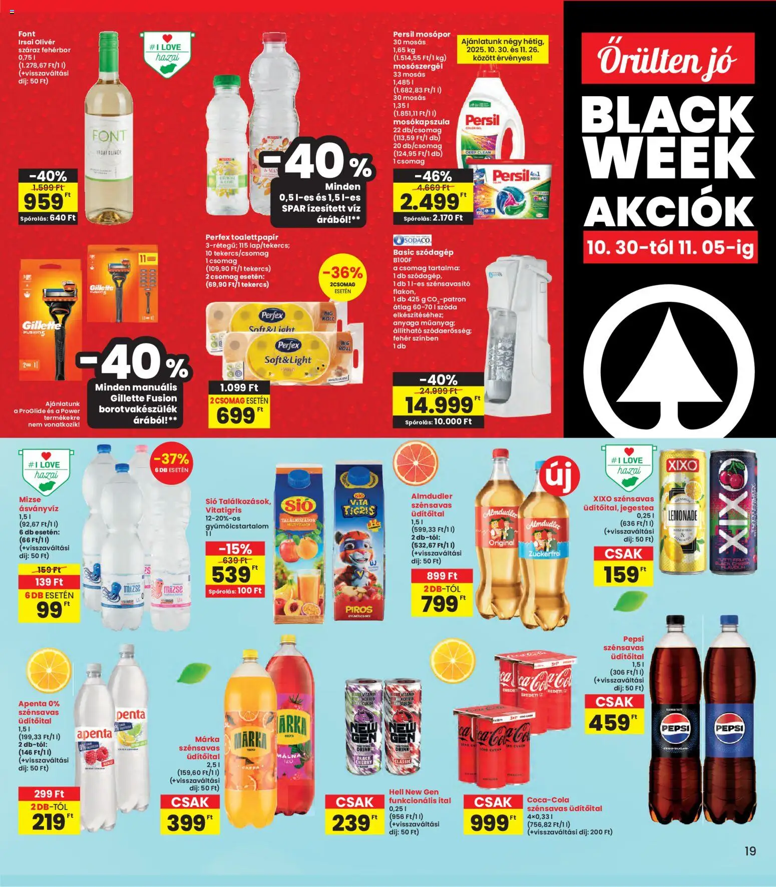 Interspar akciós ujság - amely érvényes a következő dátumtól: 30.10.2025 | Oldal: 19 | Termékek: Persil, Pepsi, Szódagép, Fehérbor