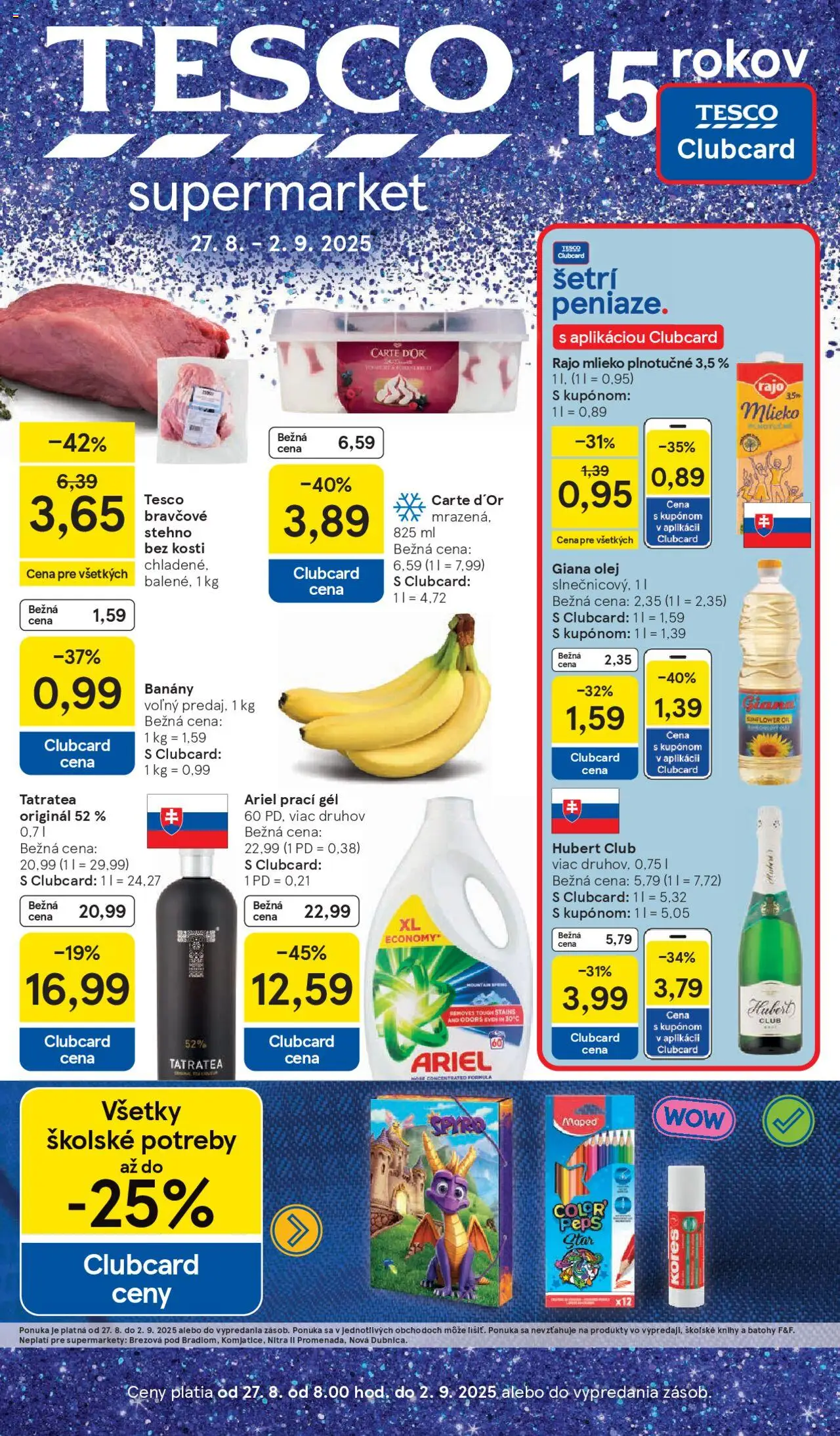 Tesco Supermarket - leták │ platný od 27.08.2025 | Strana: 1 | Produkty: Olej, Banány, Bravčové stehno, Ariel