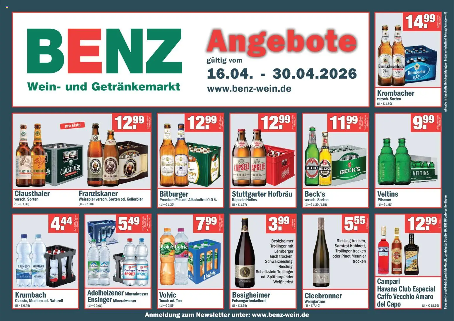 Benz Getränke Prospekt 	 – gültig ab 16.04.2026 | Seite: 1 | Produkte: Havana club, Bitburger, Mineralwasser, Tee