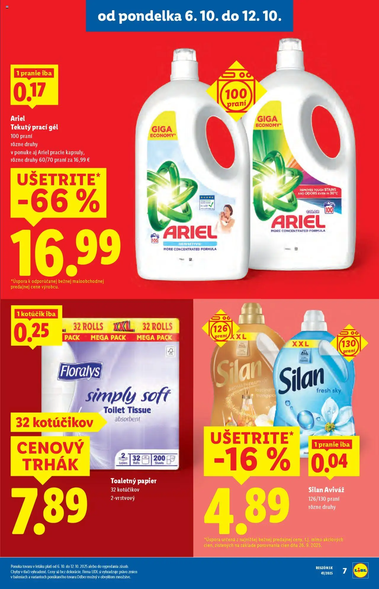 Nové Lidl akcie – leták je platný od 06.10.2025 | Strana: 9 | Produkty: Silan, Toaletný papier, Aviváž, Ariel