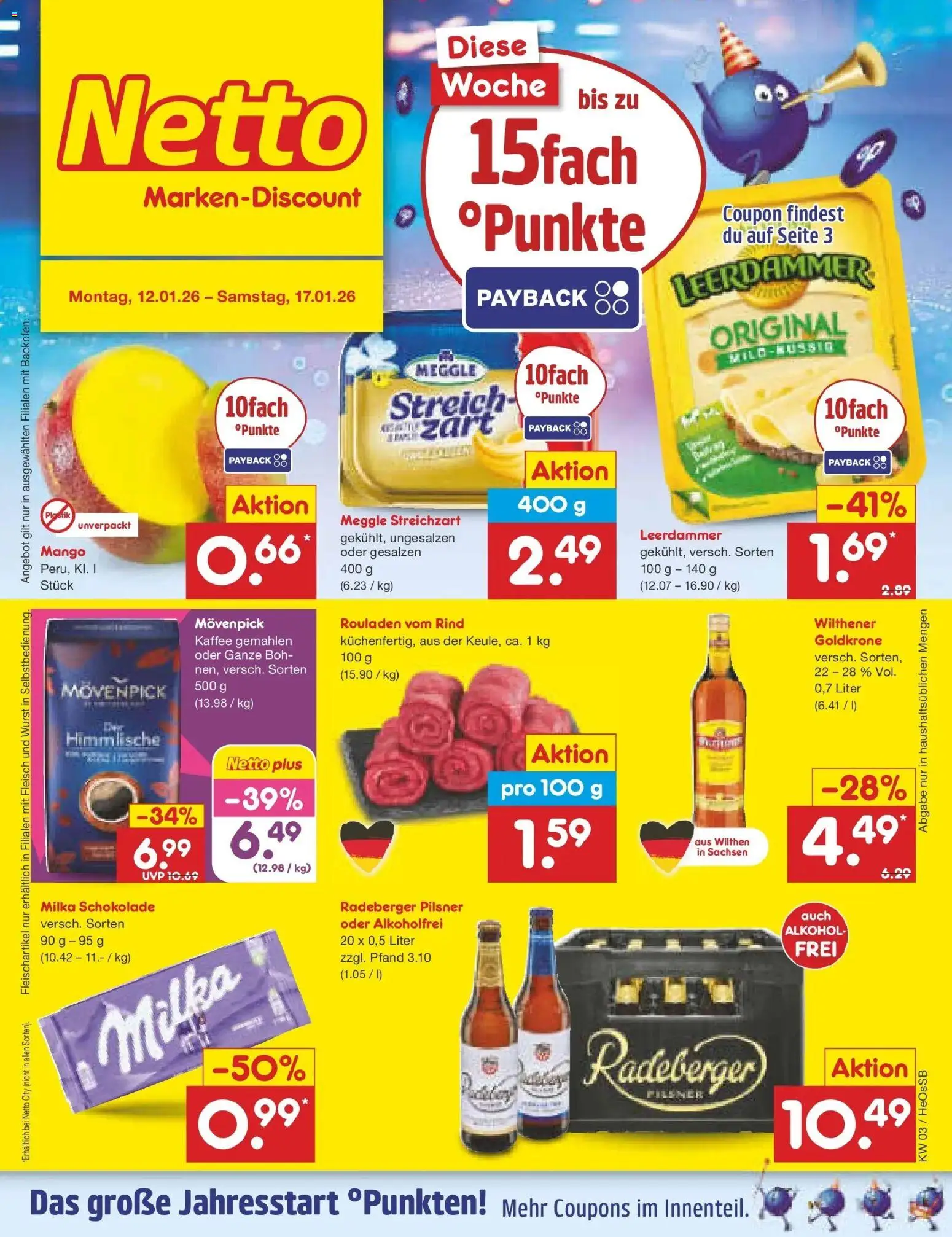 Netto Marken-Discount prospekt Kröpelin	 – gültig ab 12.01.2026 | Seite: 1 | Produkte: Kaffee, Wurst, Fleisch, Radeberger pilsner