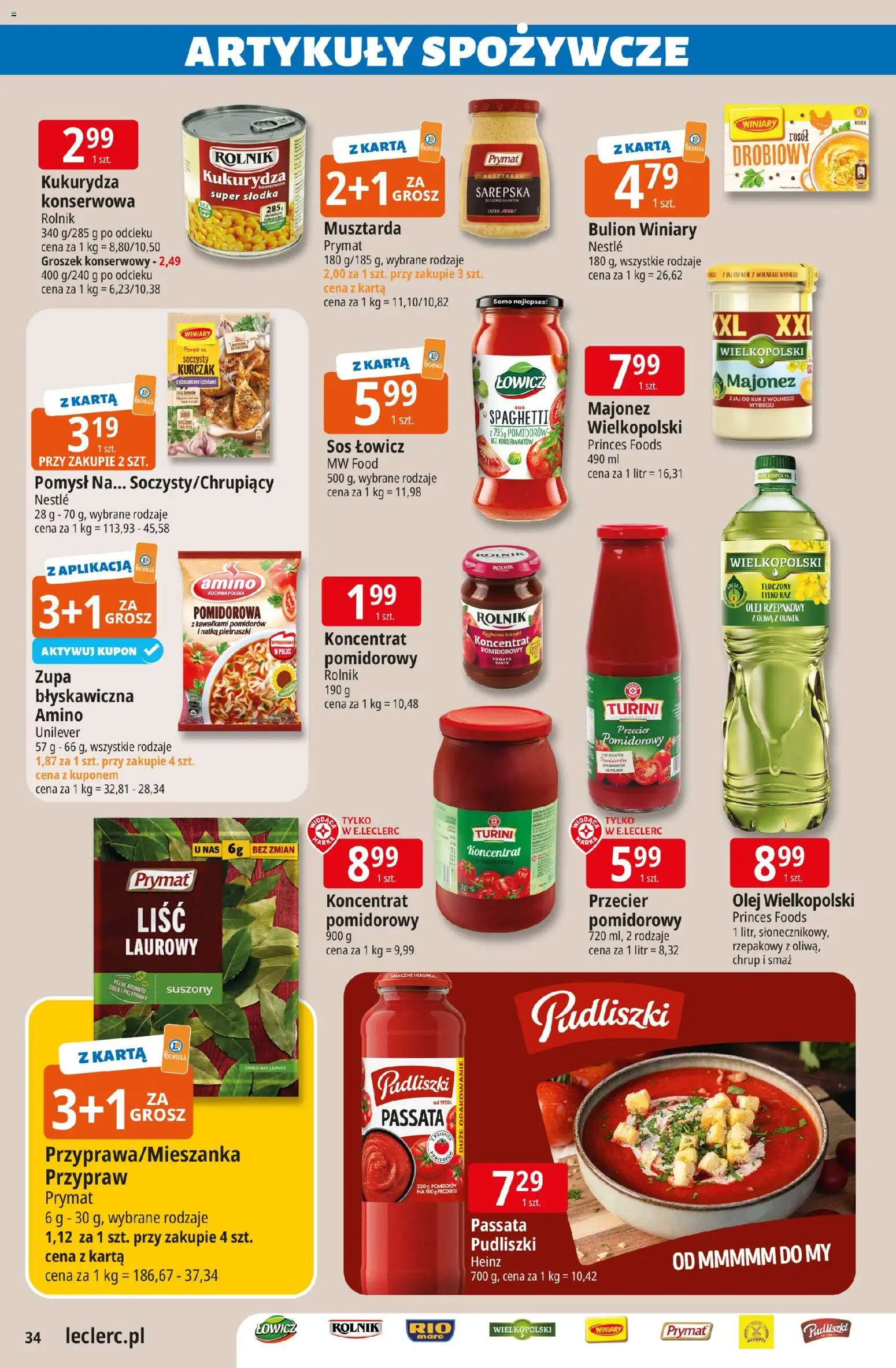 E.Leclerc gazetka - Radom od 10.03.2026 | Strona: 34 | Produkty: Olej wielkopolski, Koncentrat pomidorowy, Warka, Przyprawy