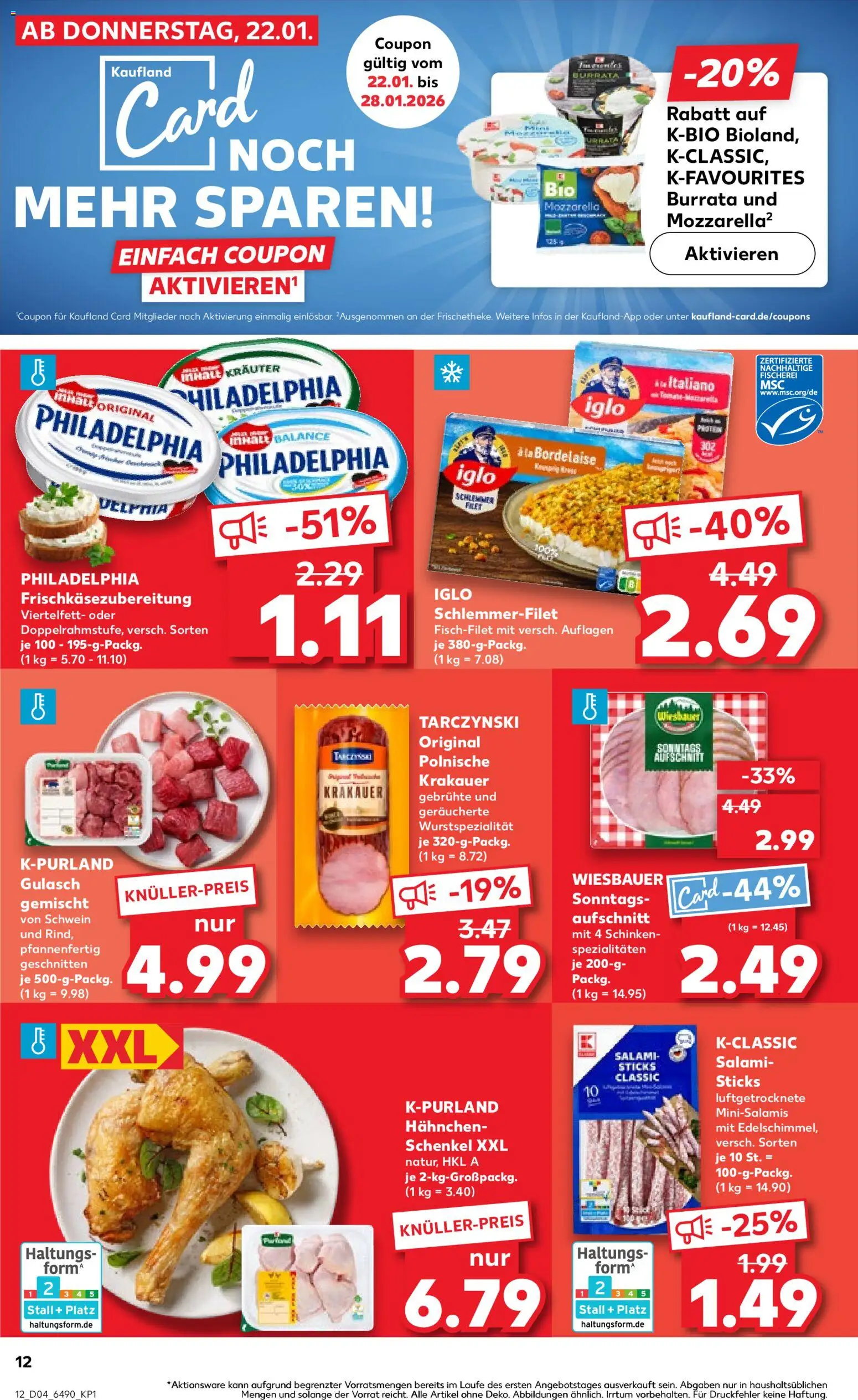 Kaufland prospekt Berlin	 – gültig ab 25.01.2026 | Seite: 12 | Produkte: Hahnchen, Philadelphia, Iglo, Salami