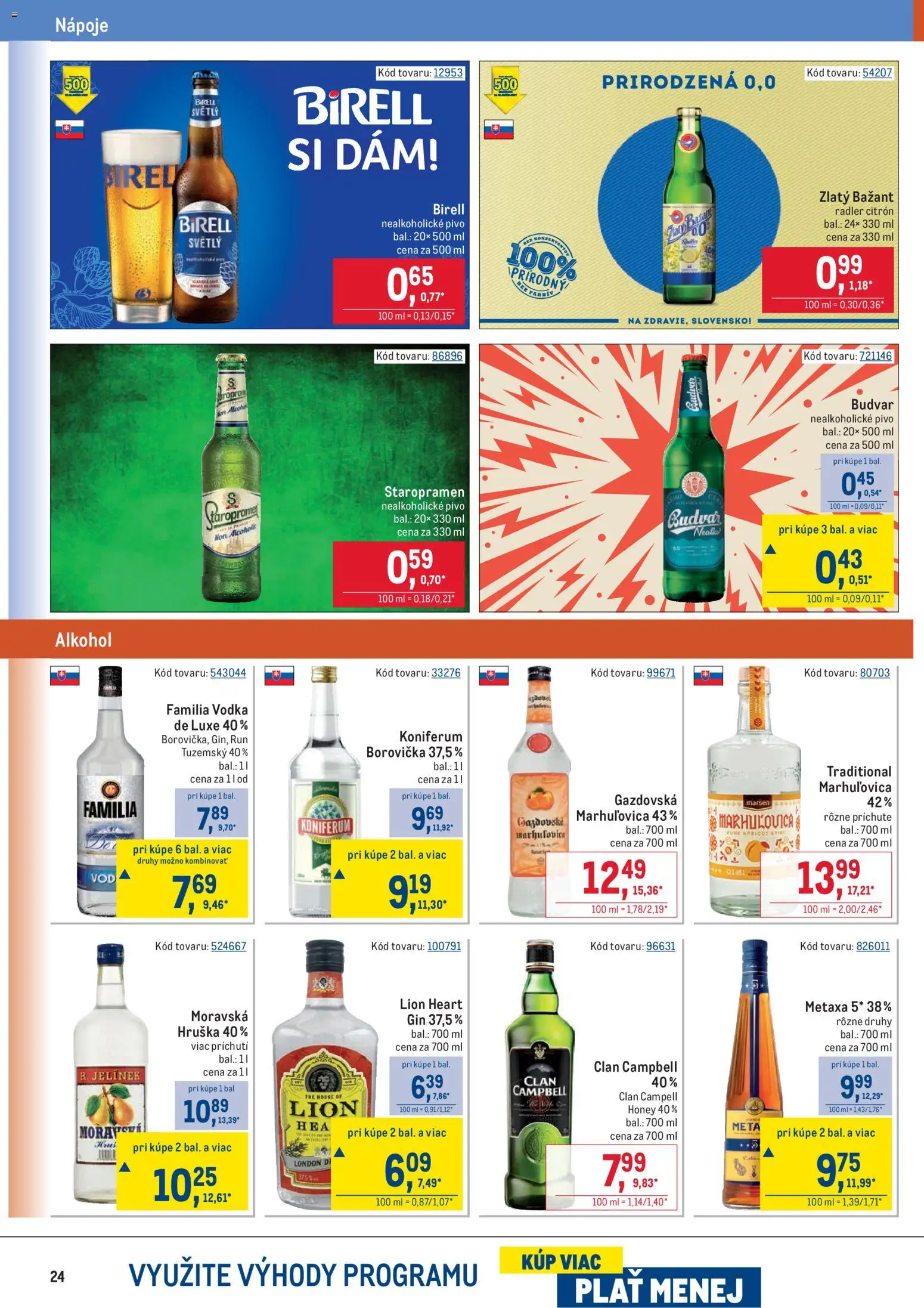 Nové Metro akcie – leták je platný od 19.11.2025 | Strana: 24 | Produkty: Birell, Zlatý Bažant, Gin, Vodka