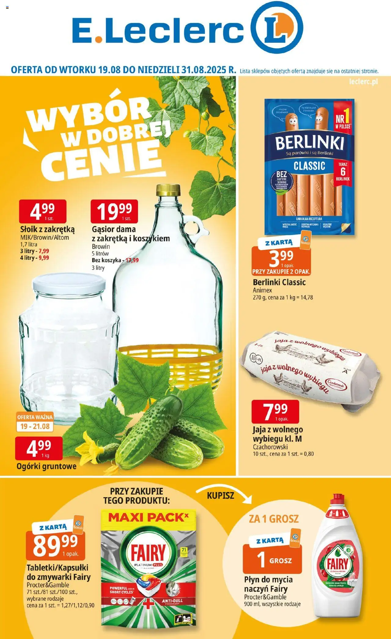E.Leclerc Gazetka - Elbląg od 19.08.2025 | Strona: 1 | Produkty: Karta, Fairy platinum, Ogórki, Jaja