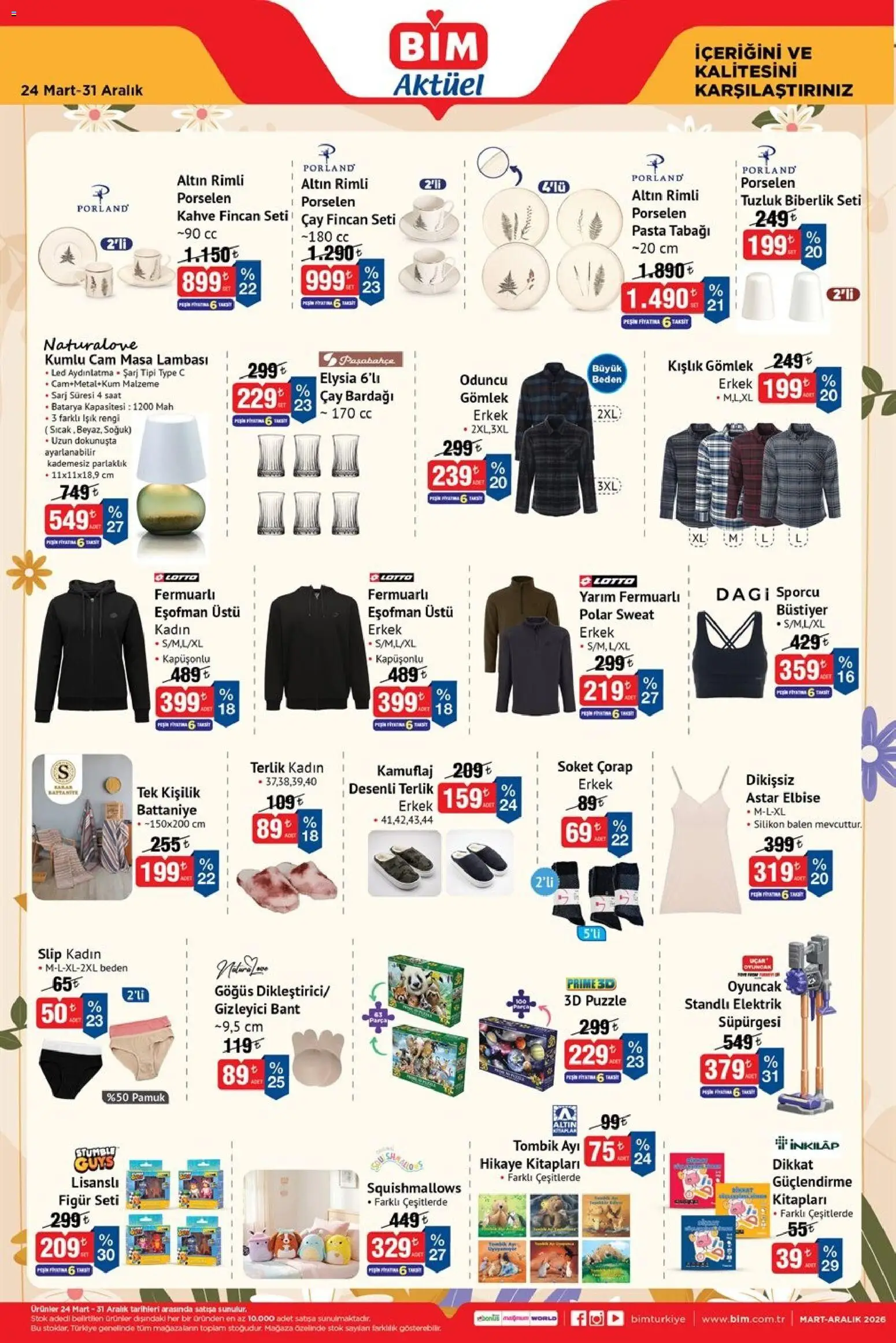 BİM İndirim - 24.03.2026 tarihinden itibaren geçerlidir | Sayfa: 1 | Ürünler: Kahve, Çay, Çorap, Çay bardağı
