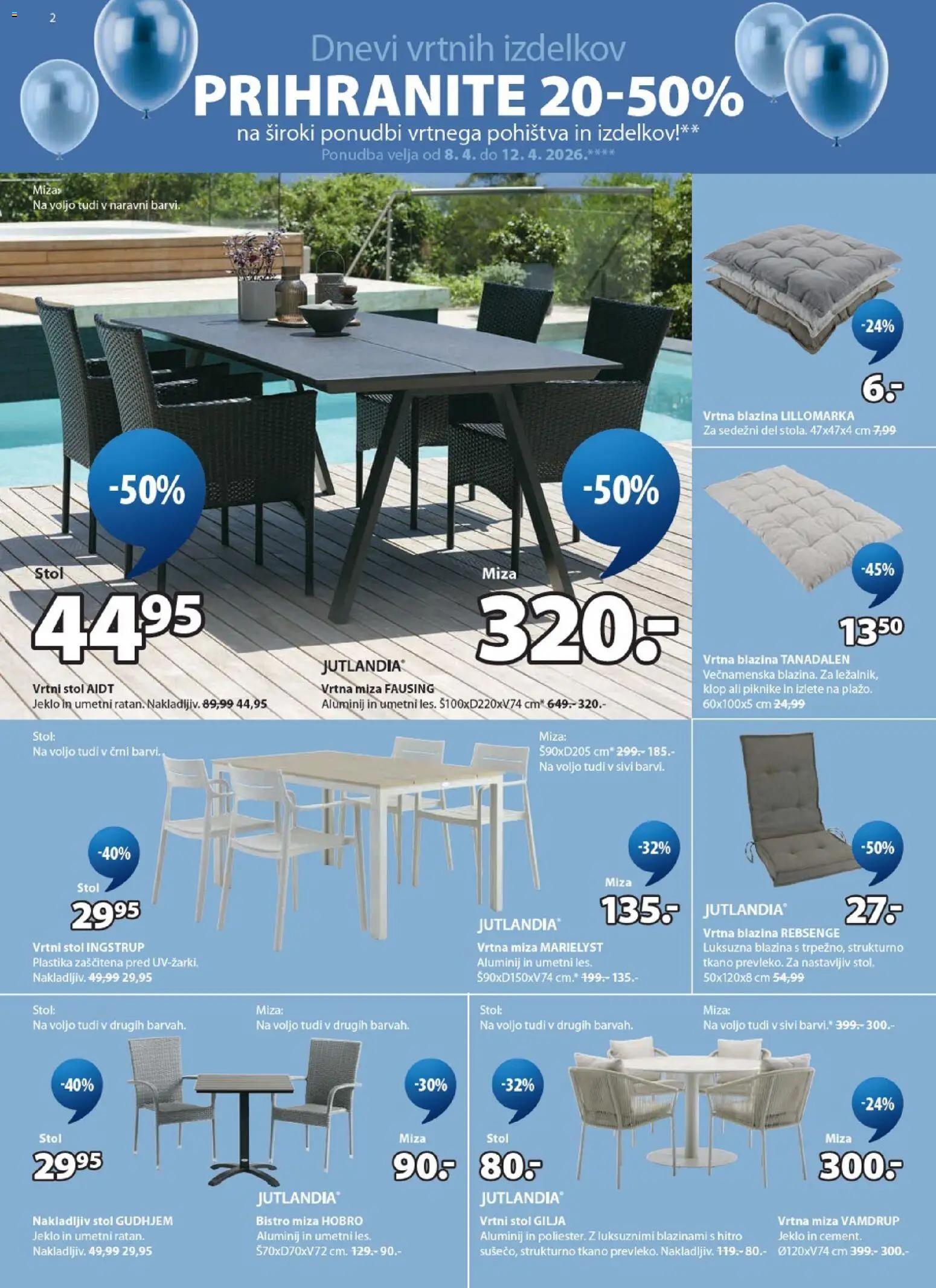 Novi JYSK katalog ponudbe – veljaven od 08.04.2026 | Stran: 2 | Izdelki: Vrtni stol, Blazina, Miza, Stol