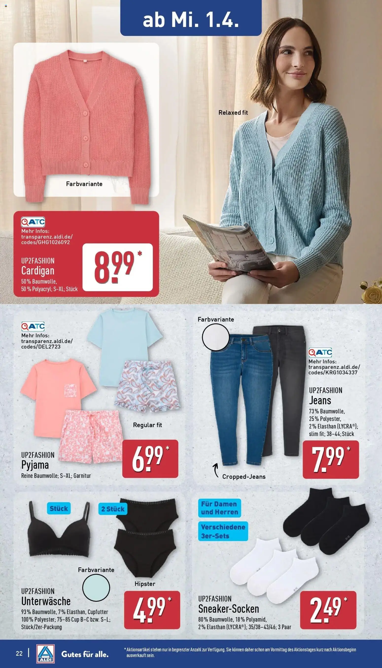 Aldi Wochenangebote – gültig ab 30.03.2026 | Seite: 23 | Produkte: Up2fashion, Cardigan, Unterwäsche, Jeans