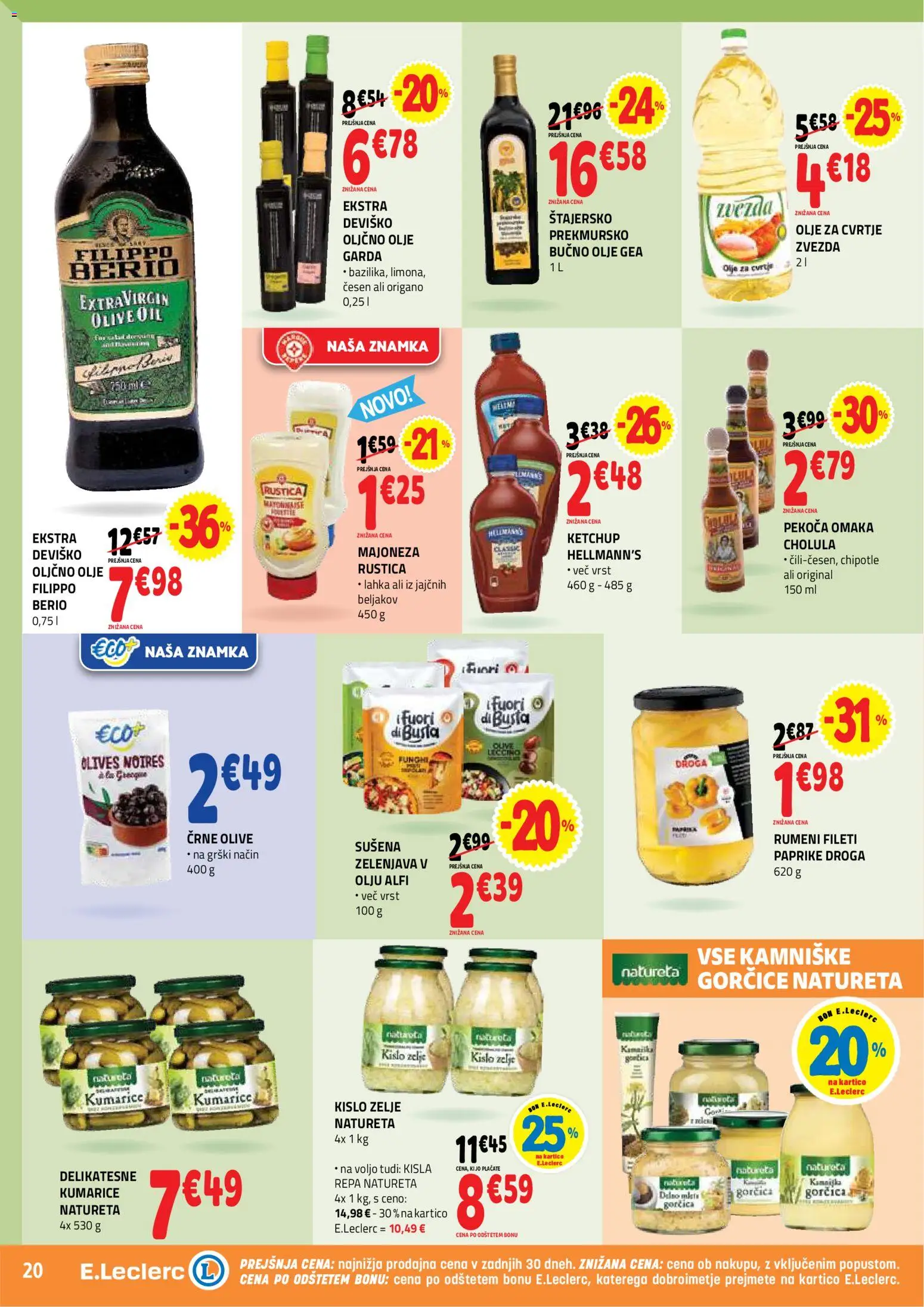 Novi E.leclerc katalog ponudbe – veljaven od 08.04.2026 | Stran: 20 | Izdelki: Olje, Kumarice, Majoneza, Omaka