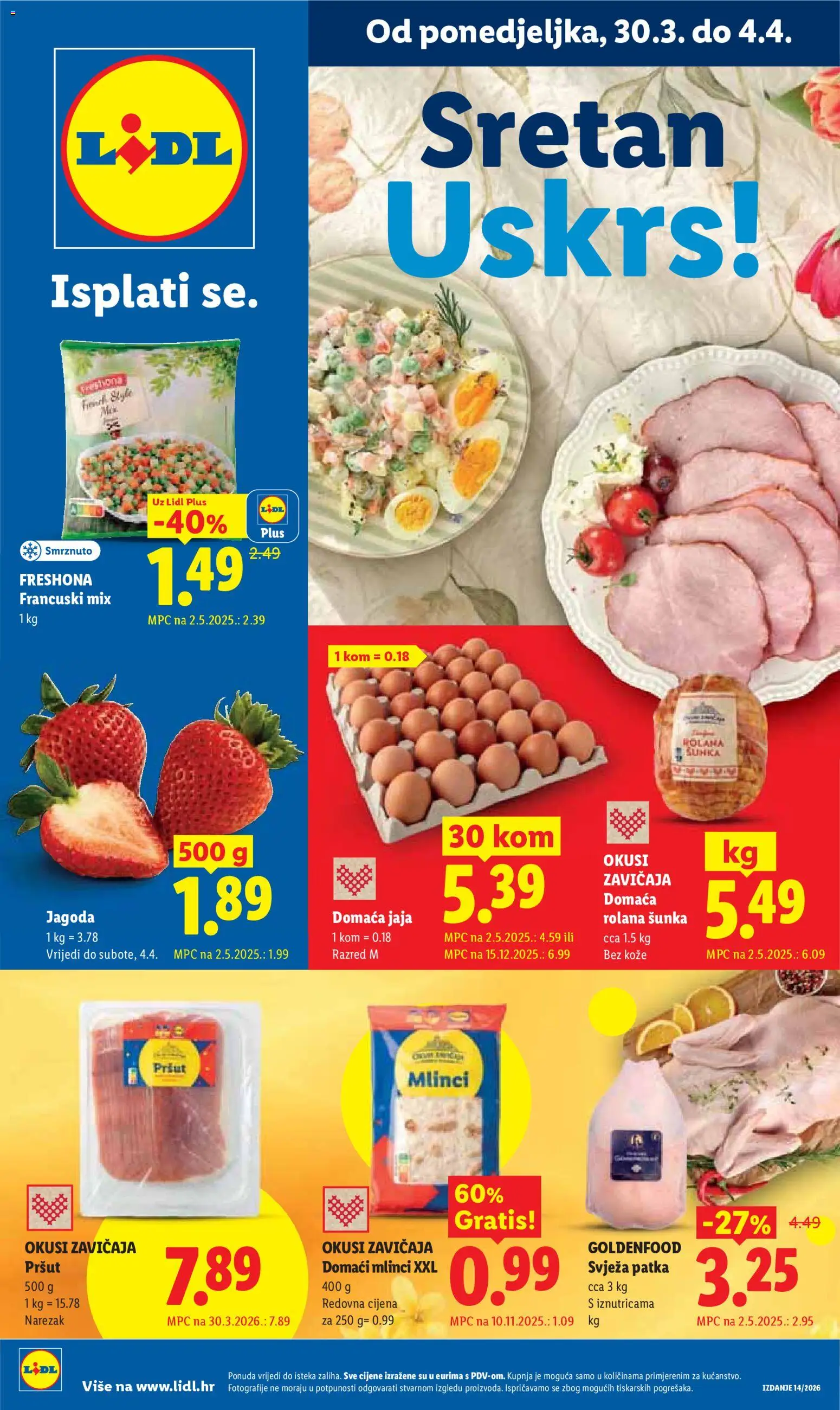 Lidl katalog | vrijedi od 30.03.2026 | Stranica: 1 | Proizvodi: Jaja, Šunka, Mlinci, Narezak