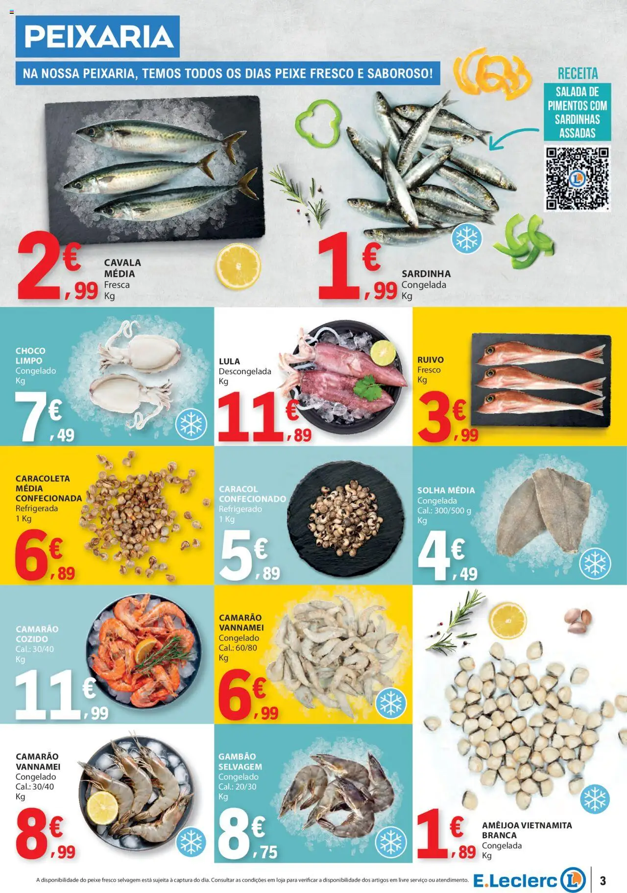 E.Leclerc - Folheto Semanal │ válido de 03.07.2025 | Página: 3 | Produtos: Camarão, Sardinhas, Peixe, Salada