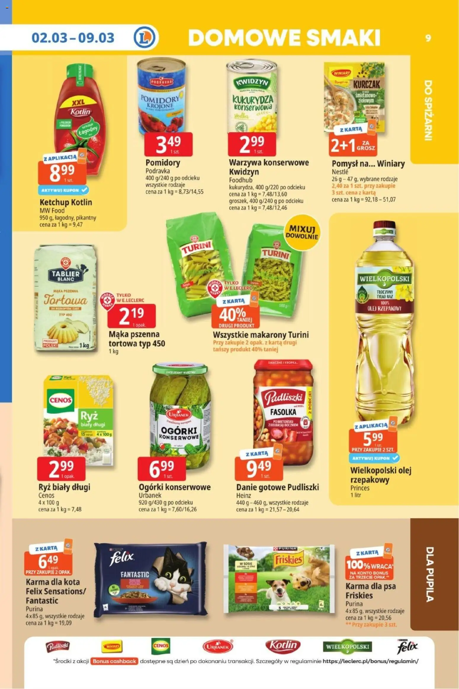 E.Leclerc Gazetka  od 02.03.2026 | Strona: 9 | Produkty: Olej rzepakowy, Karma dla kota, Karma dla psa, Olej