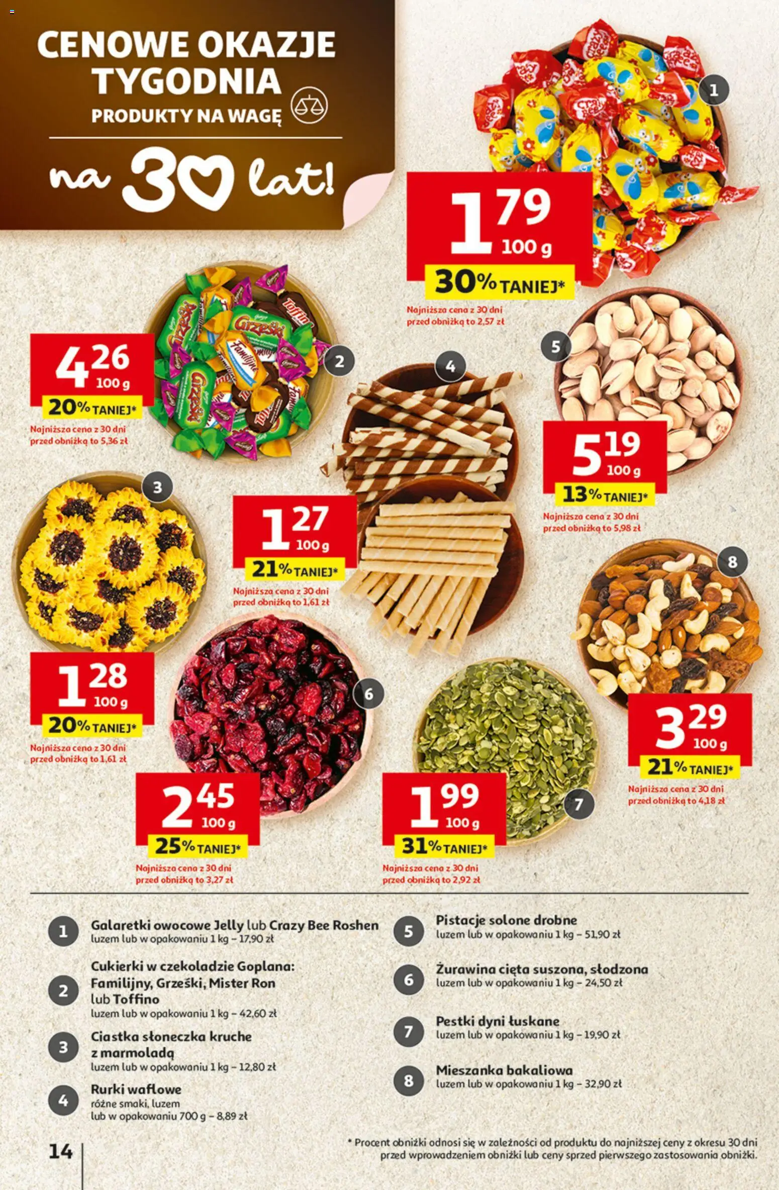 Auchan Gazetka - 30 Lat Hipermarket od 15.01.2026 | Strona: 14 | Produkty: Galaretki, Żurawina, Pestki dyni, Rurki waflowe