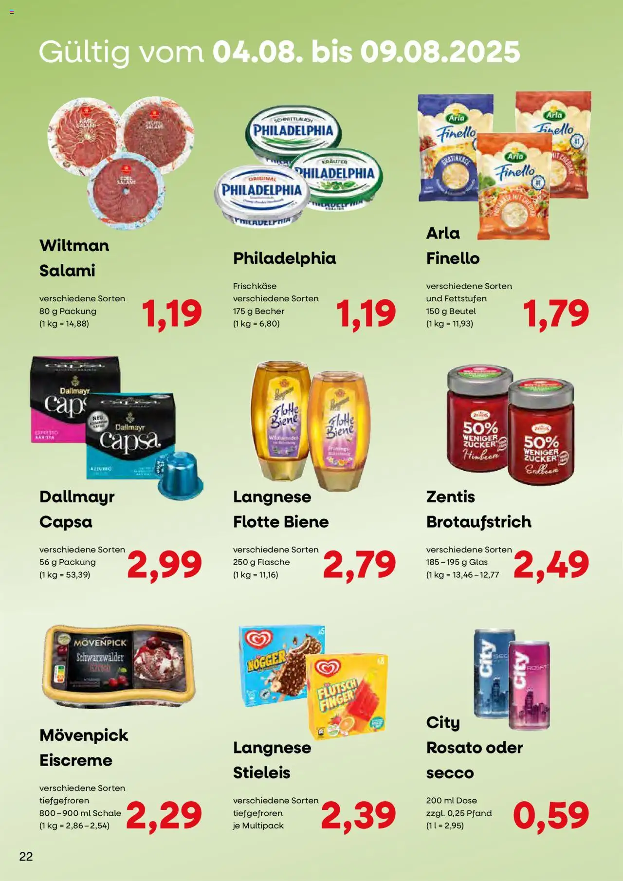 KONSUM Leipzig - Nah. Frisch. Freundlich. - gültig ab dem 28.07.2025 | Seite: 22 | Produkte: Philadelphia, Eiscreme, Salami, Frischkase
