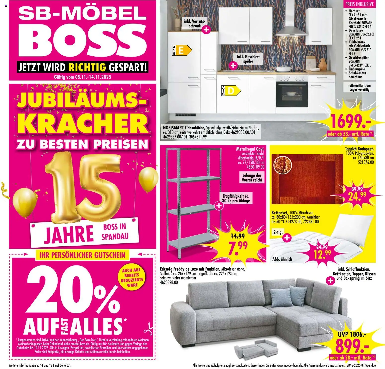 SB Möbel Boss Prospekt Berlin-Spandau – gültig ab 08.11.2025 | Seite: 1 | Produkte: Geschirrspüler, Ecksofa, Kissen, Kühlschrank