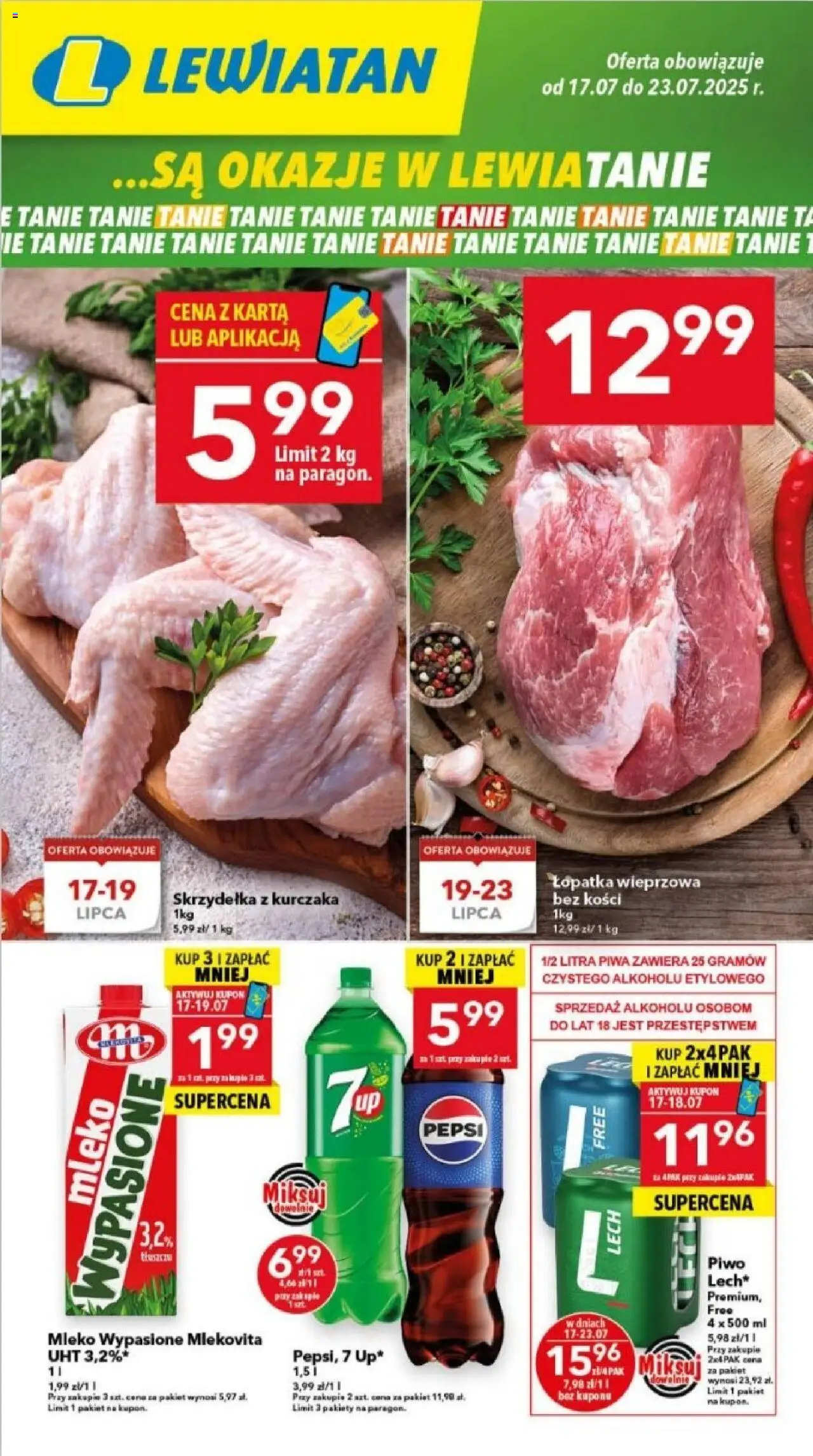 Lewiatan gazetka - Gdańsk od 17.07.2025 | Strona: 1 | Produkty: Skrzydełka z kurczaka, Pepsi, Łopatka wieprzowa, Piwo