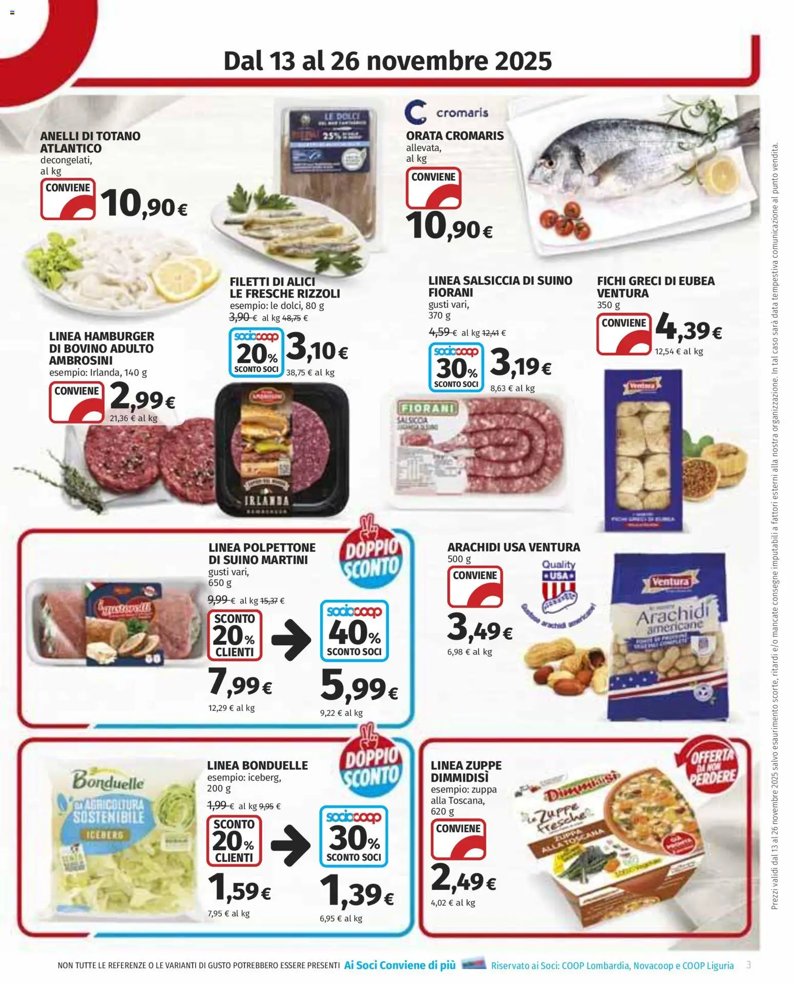 Volantino COOP del 13.11.2025 | Pagina: 3 | Prodotti: Orata, Salsiccia, Arachidi, Hamburger