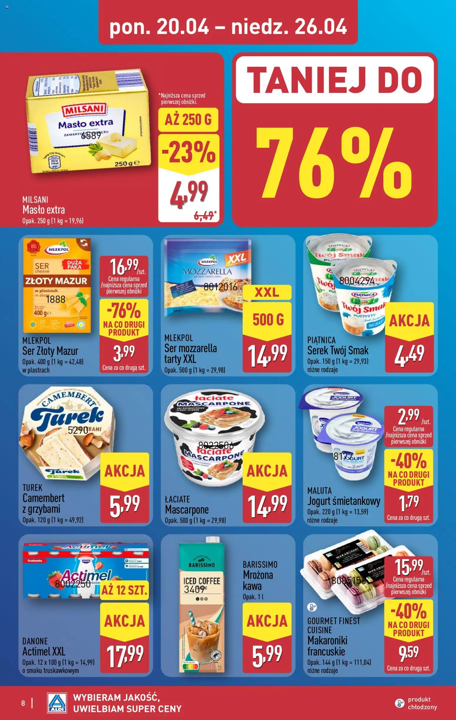 Aldi gazetka od 20.04.2026 | Strona: 8 | Produkty: Camembert, Jogurt, Kawa, Mozzarella